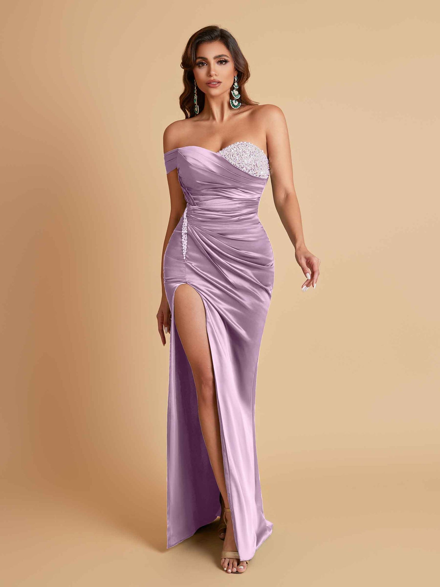 Sexy Soft Satin Mermaid One Shoulder Side Slit Floor-Length Mermaid Bridesmaid Dresses