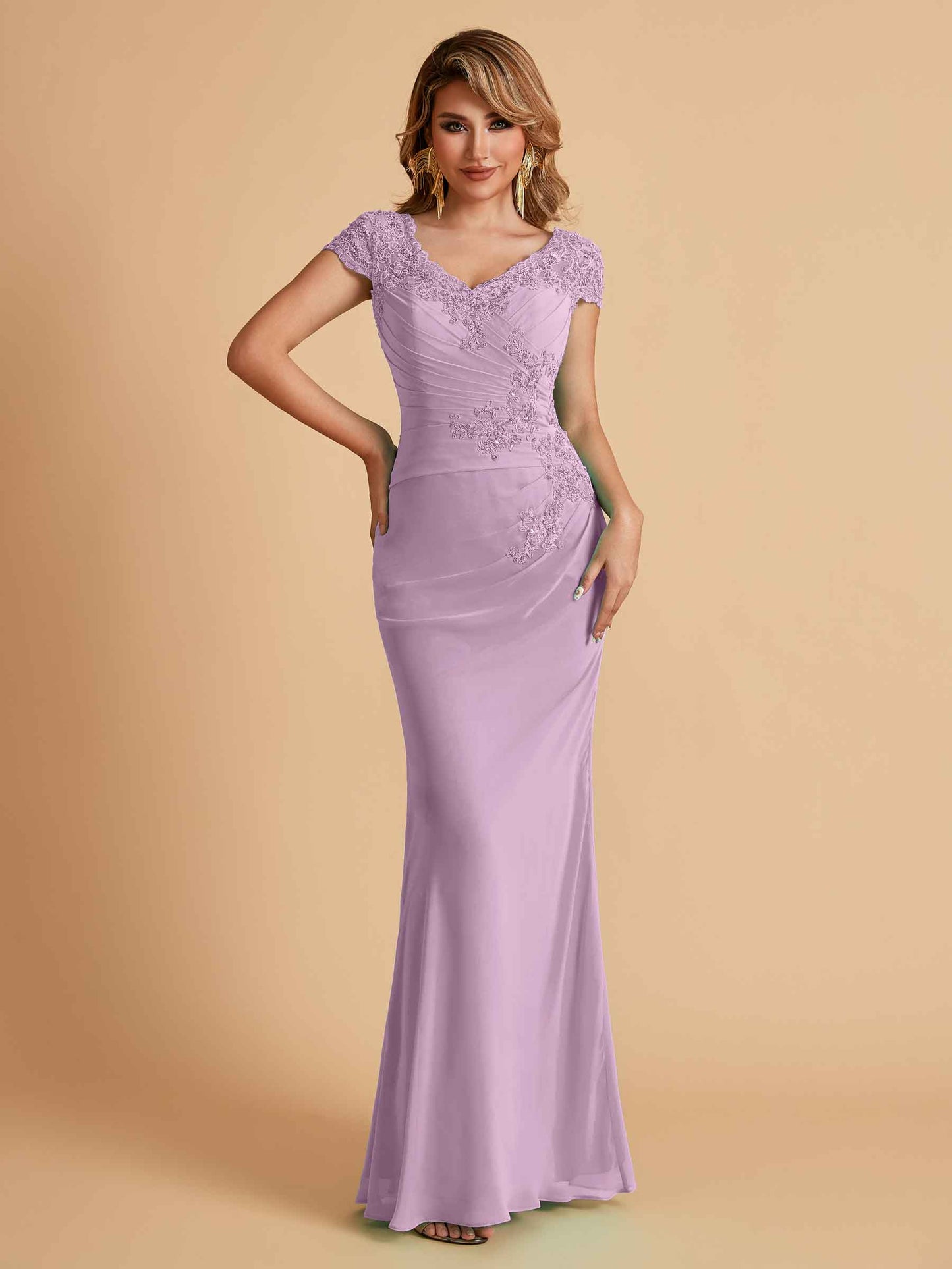 Elegant Mermaid Chiffon Cap Sleeves V-Neck Mother of the Brides Dresses Online