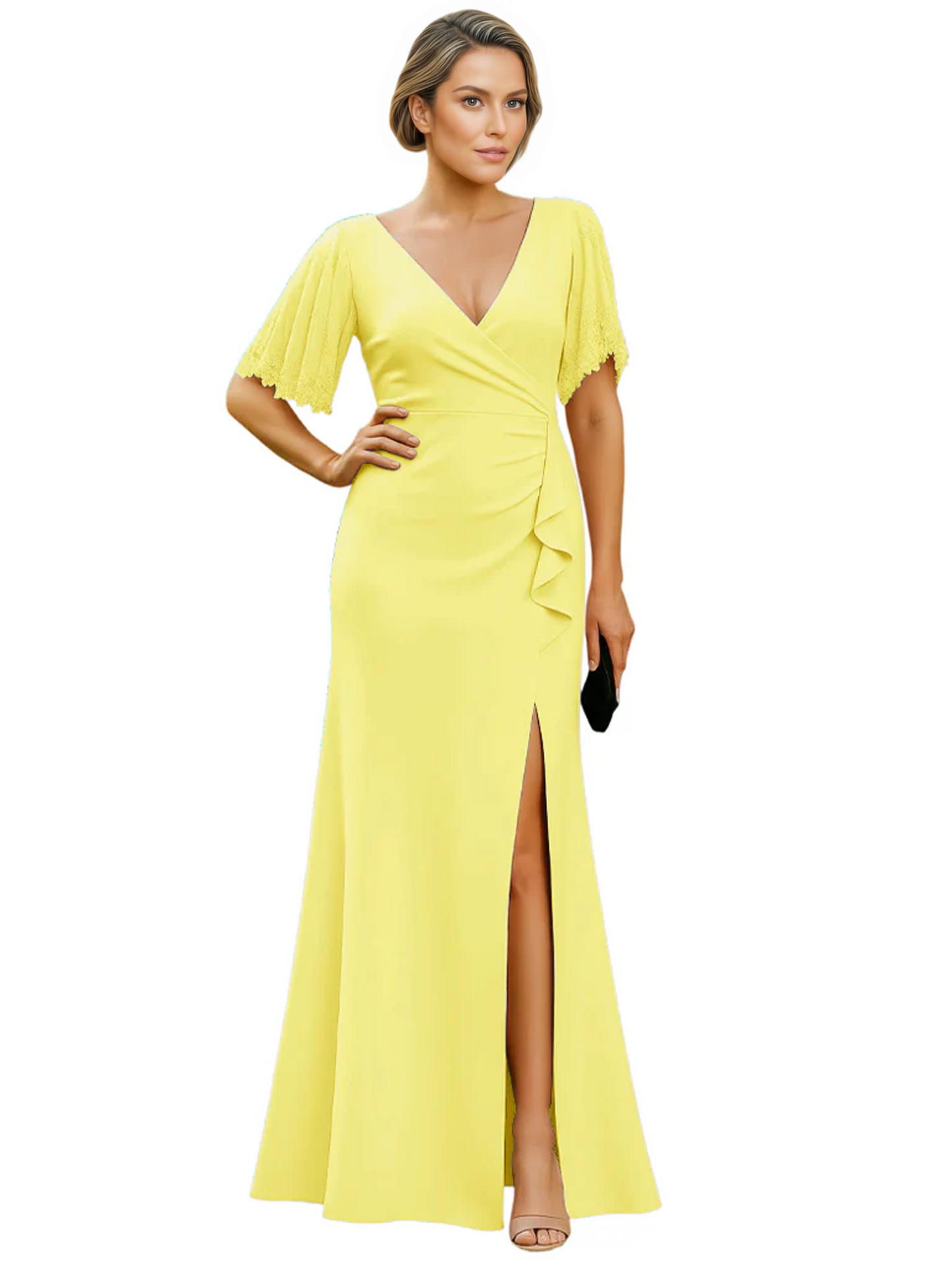 Elegant Evening Gown Trending V-Neck & Ruffle Detail Mother of Bride Outfits Slit