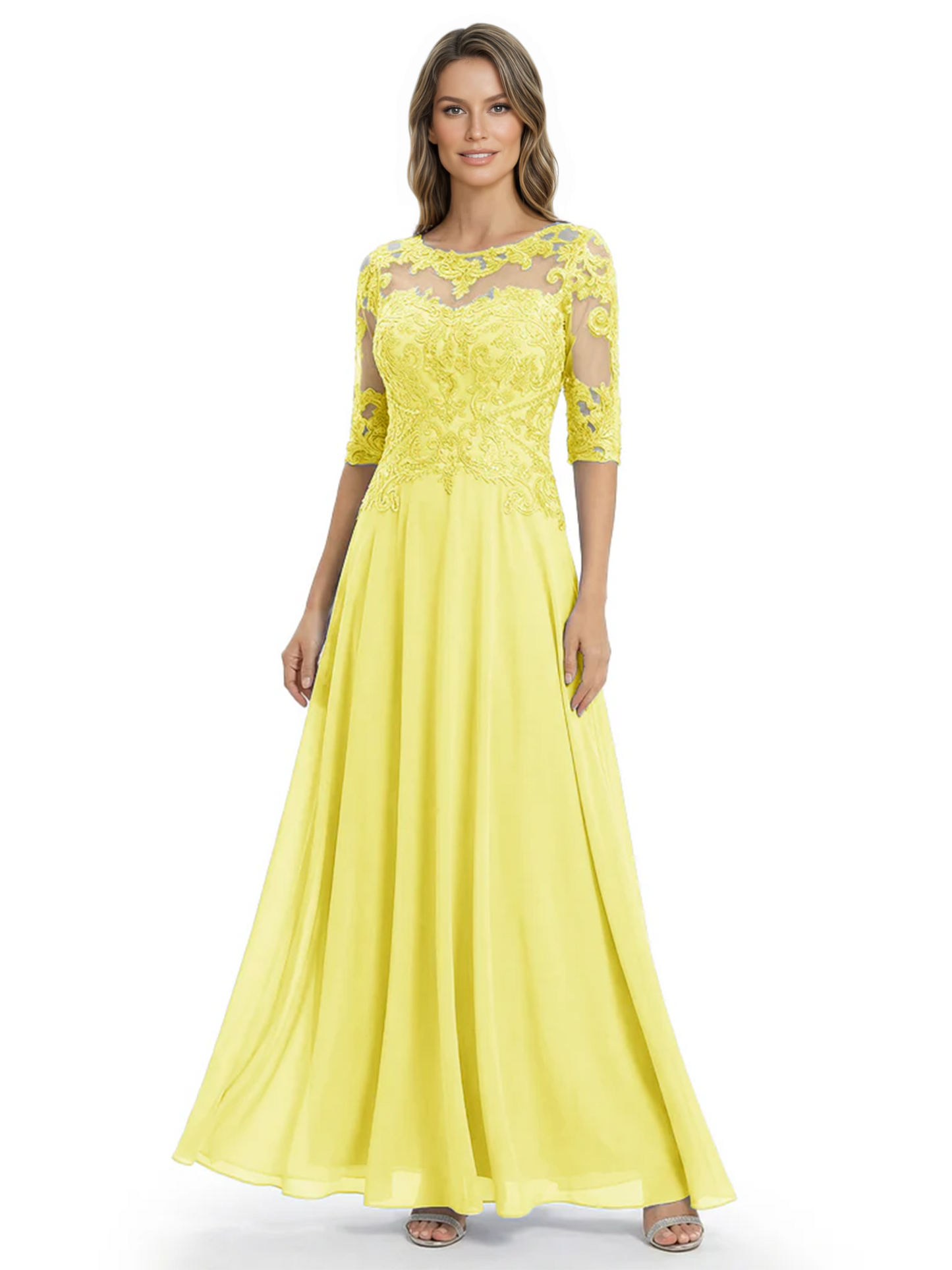 Illusion Neck Mother of the Bride Dress Half Sleeve Lace Applique Gowns Chiffon