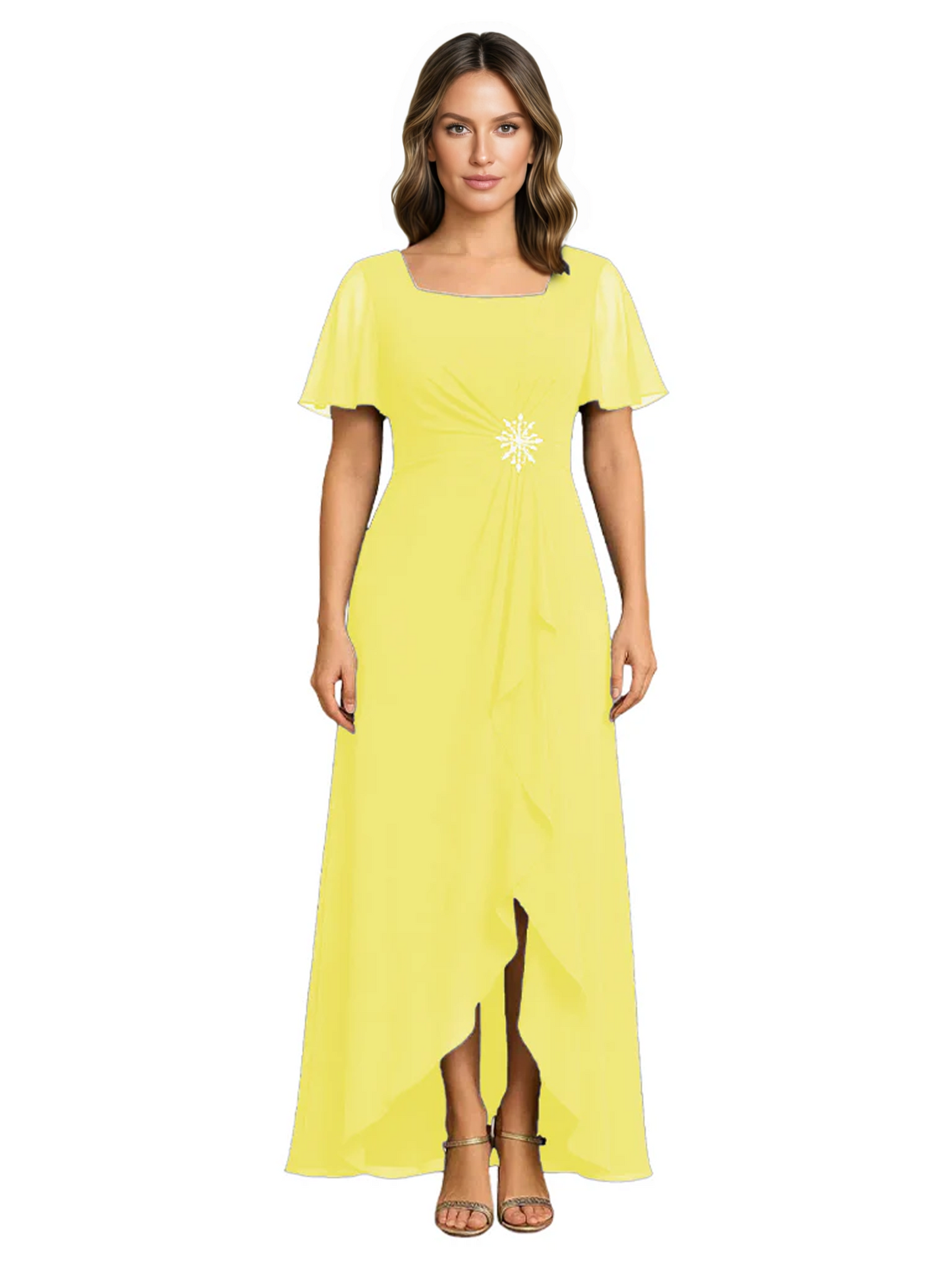 Formal High-Low Mother of the Bride Gown Sleeved Chiffon Maxi Dress Ruched Waist