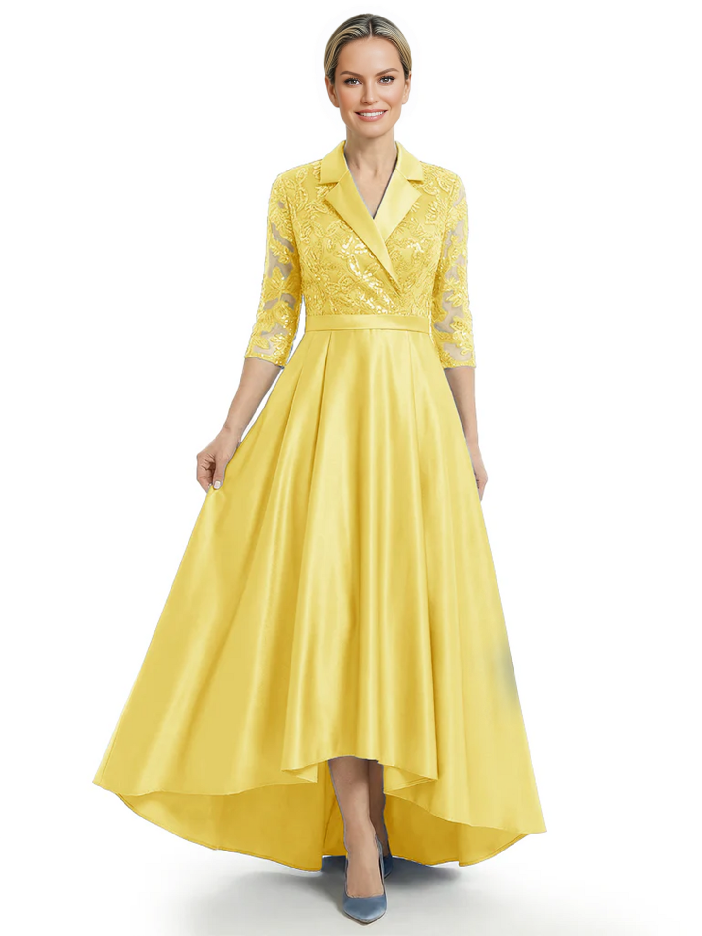 Elegant Mother of Bride Dress Evening Gowns Trending Styles with Lapel Collar 3/4 Sleeves