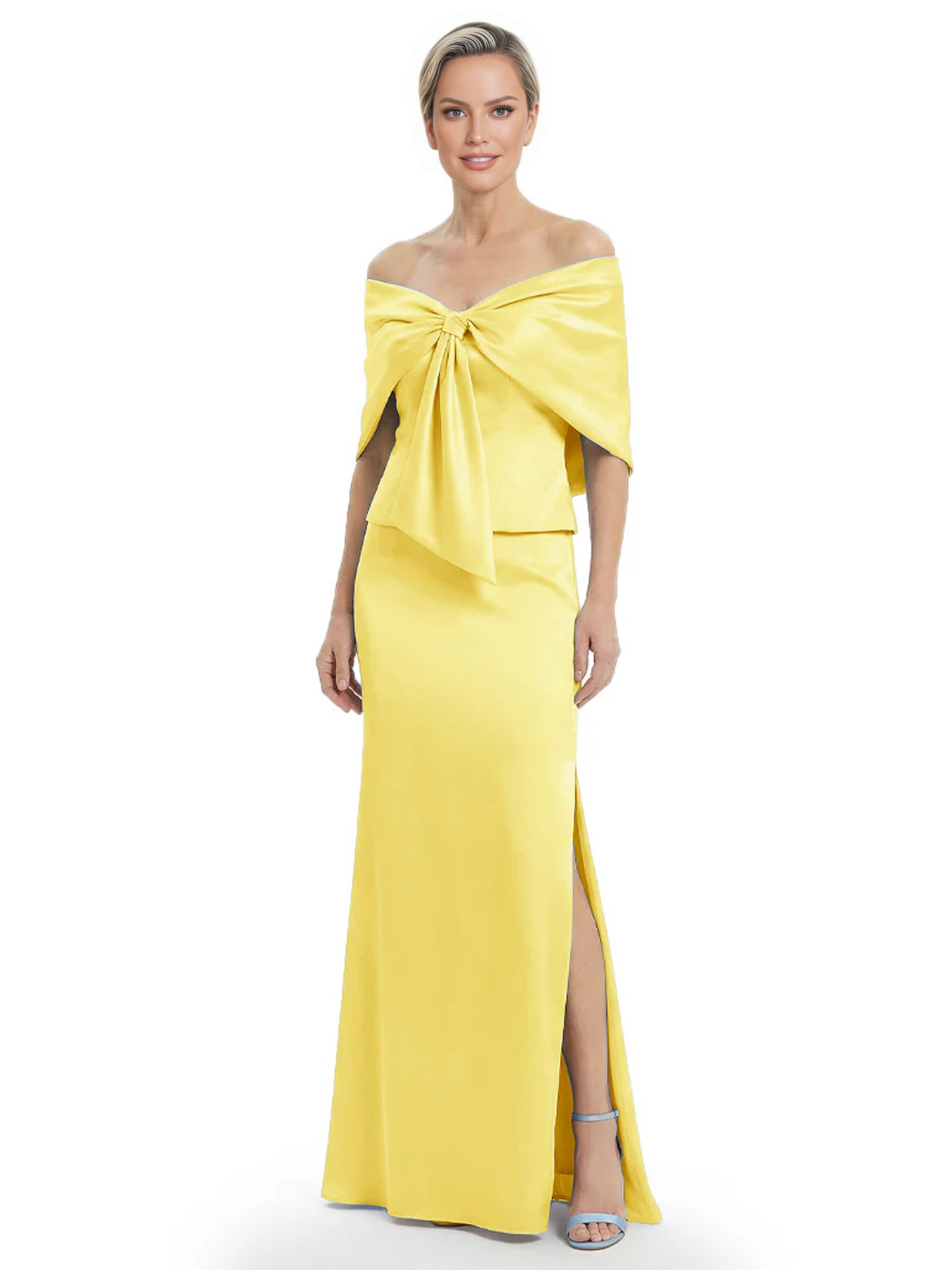 Formal Floor-Length Mother of the Bride Gown Satin Maxi Dress with Bow Neckline