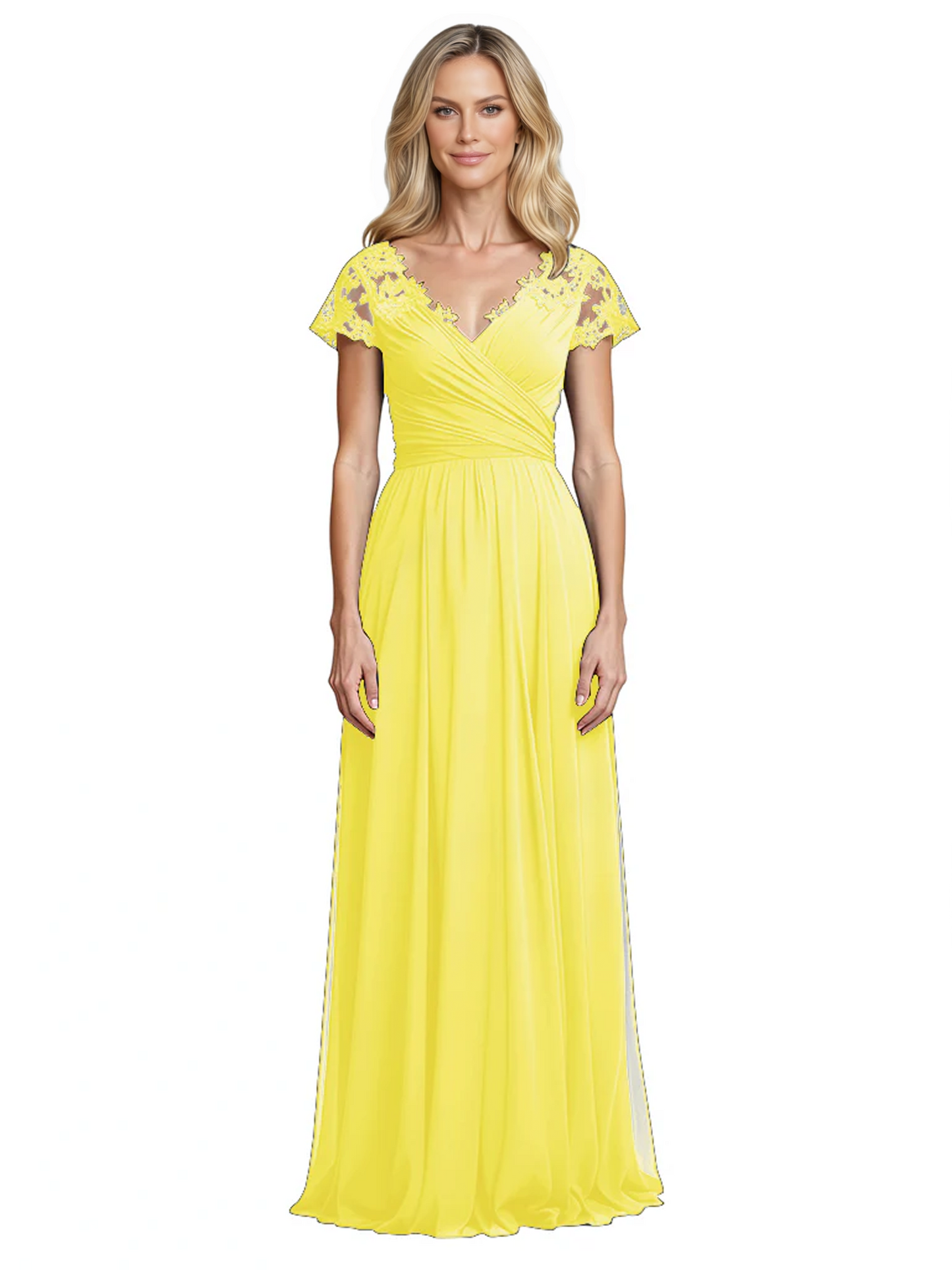 Mother of the Bride Dress Cap Sleeves and V-Neckline with Embroidered Lace Shoulders
