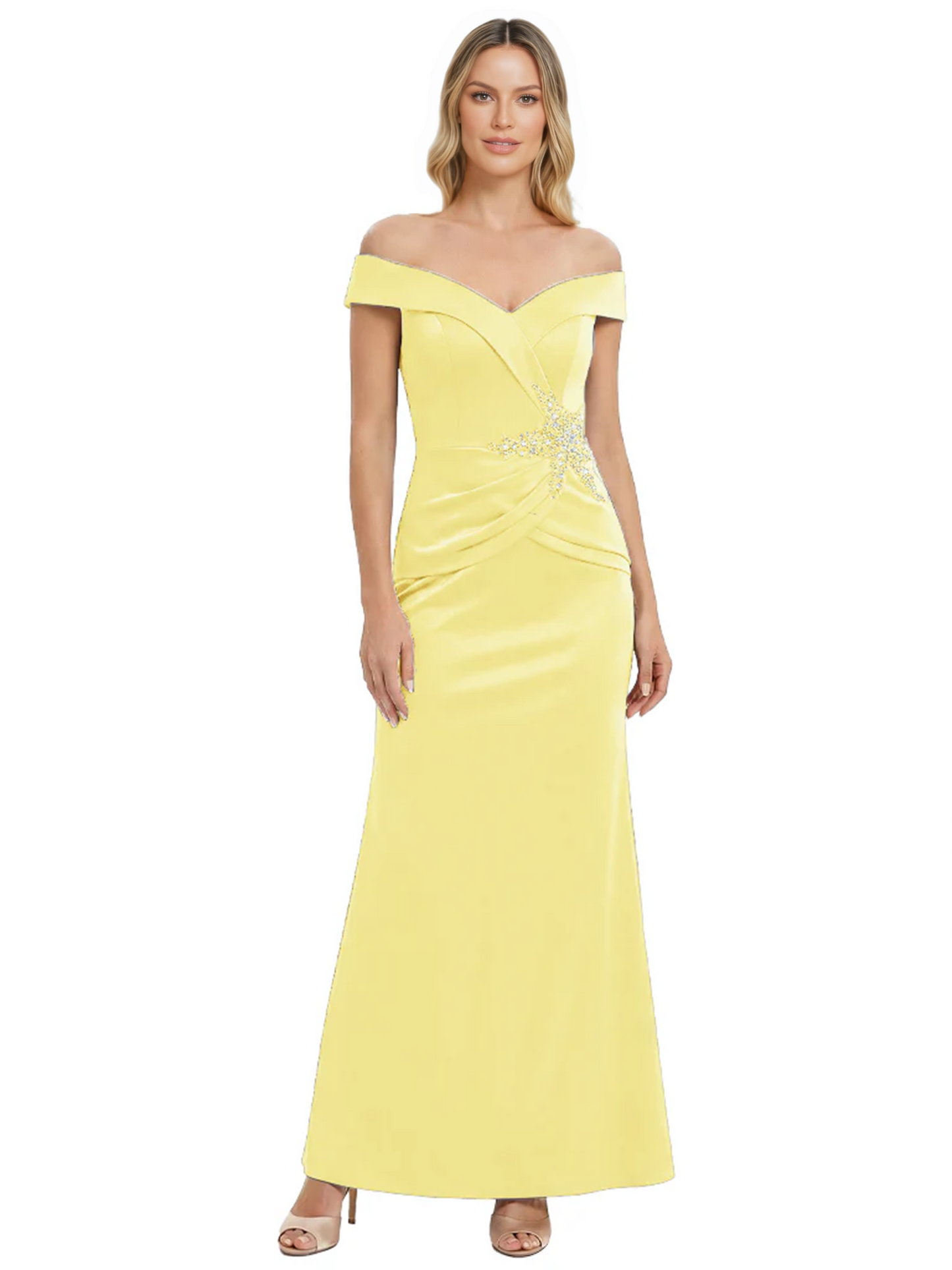 Off Shoulder Mother of the Bride Dress Beaded Waist Satin Gown Portrait Neckline