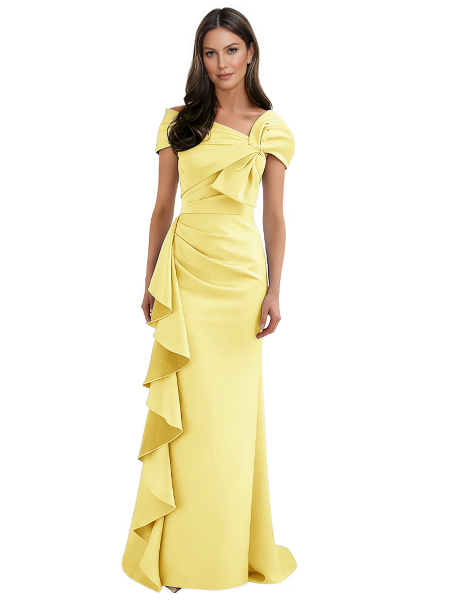 Elegant Mother of Bride Dress Formal Gowns Mermaid Ruffle Floor Length Asymmetric Neckline