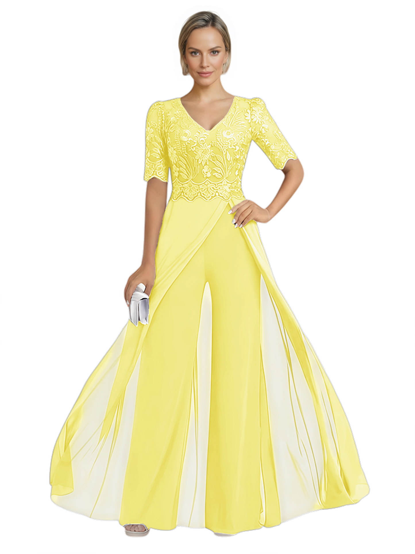 V-Neck Chiffon Mother of the Brides Jumpsuits Dresses Floor Length A-Line Lace