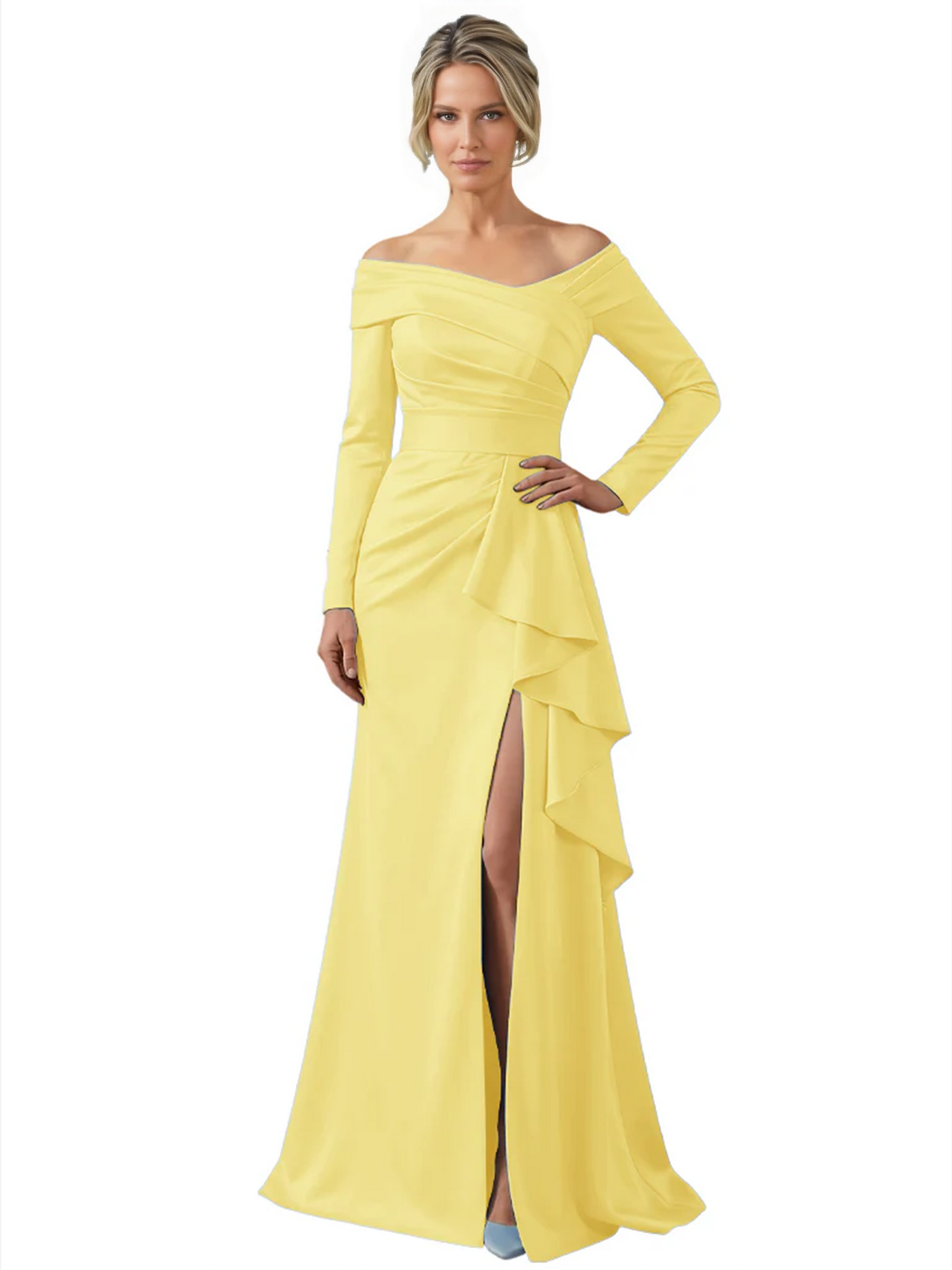 Elegant Mother of the Groom Dress Cascading Ruffle Satin Gown with High Slit Long Sleeves