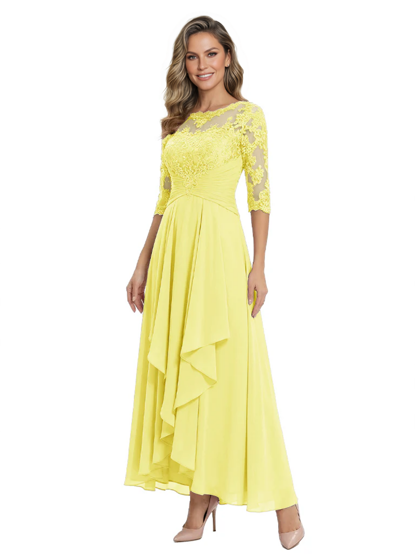 3/4 Sleeve Mother of the Bride Dress with Lace Embroidery High-Low Hem 2026