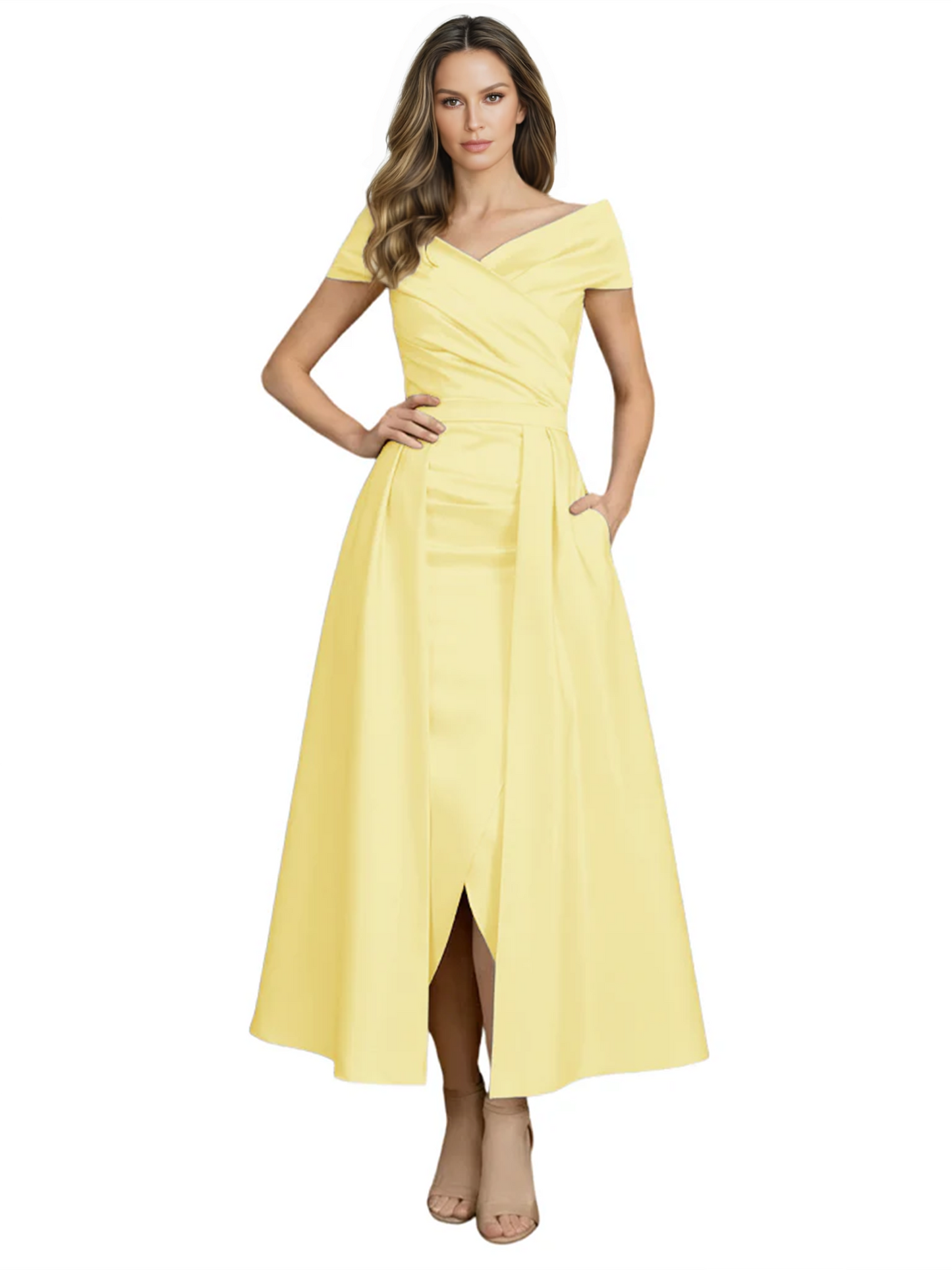 Formal Floor-Length Mother of the Bride Gown Satin Maxi Dress with Slit Off Shoulder