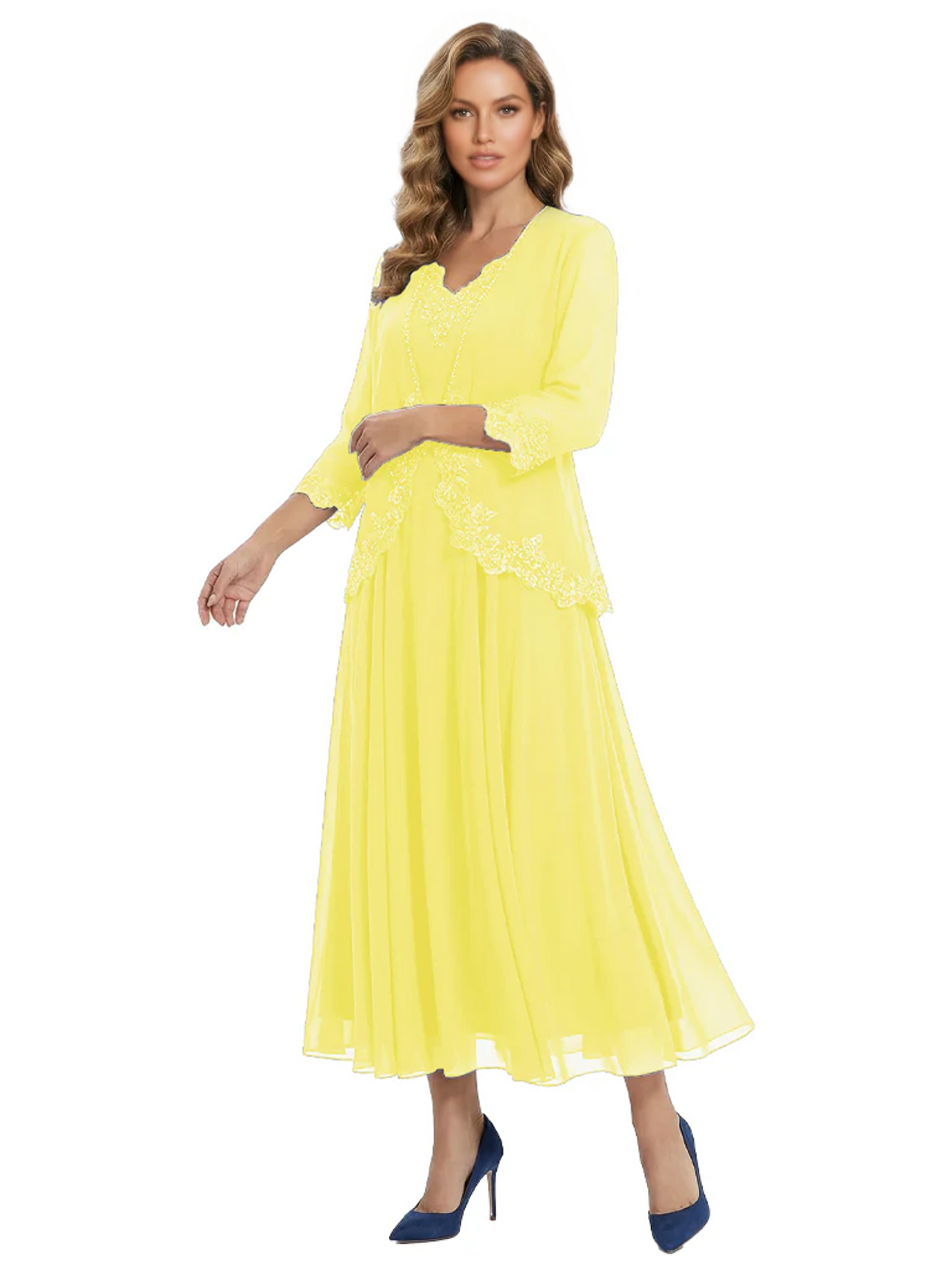 3/4 Sleeve Chiffon Mother of the Brides Dresses V-Neck Wedding Party Gowns
