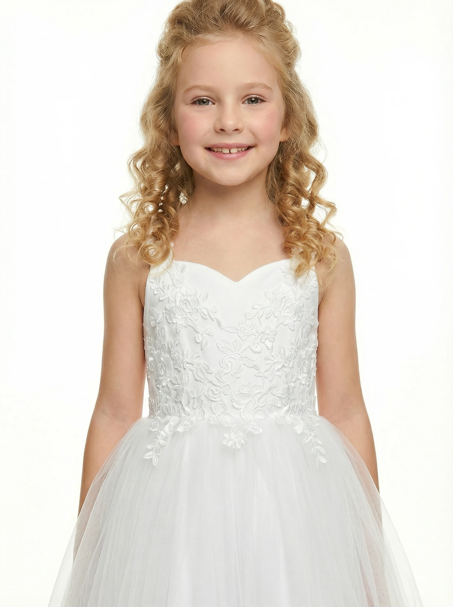 Sweetheart Lace Flower Girl Dress, Strapless Tulle Ball Gown Applique Bodice Floor Length