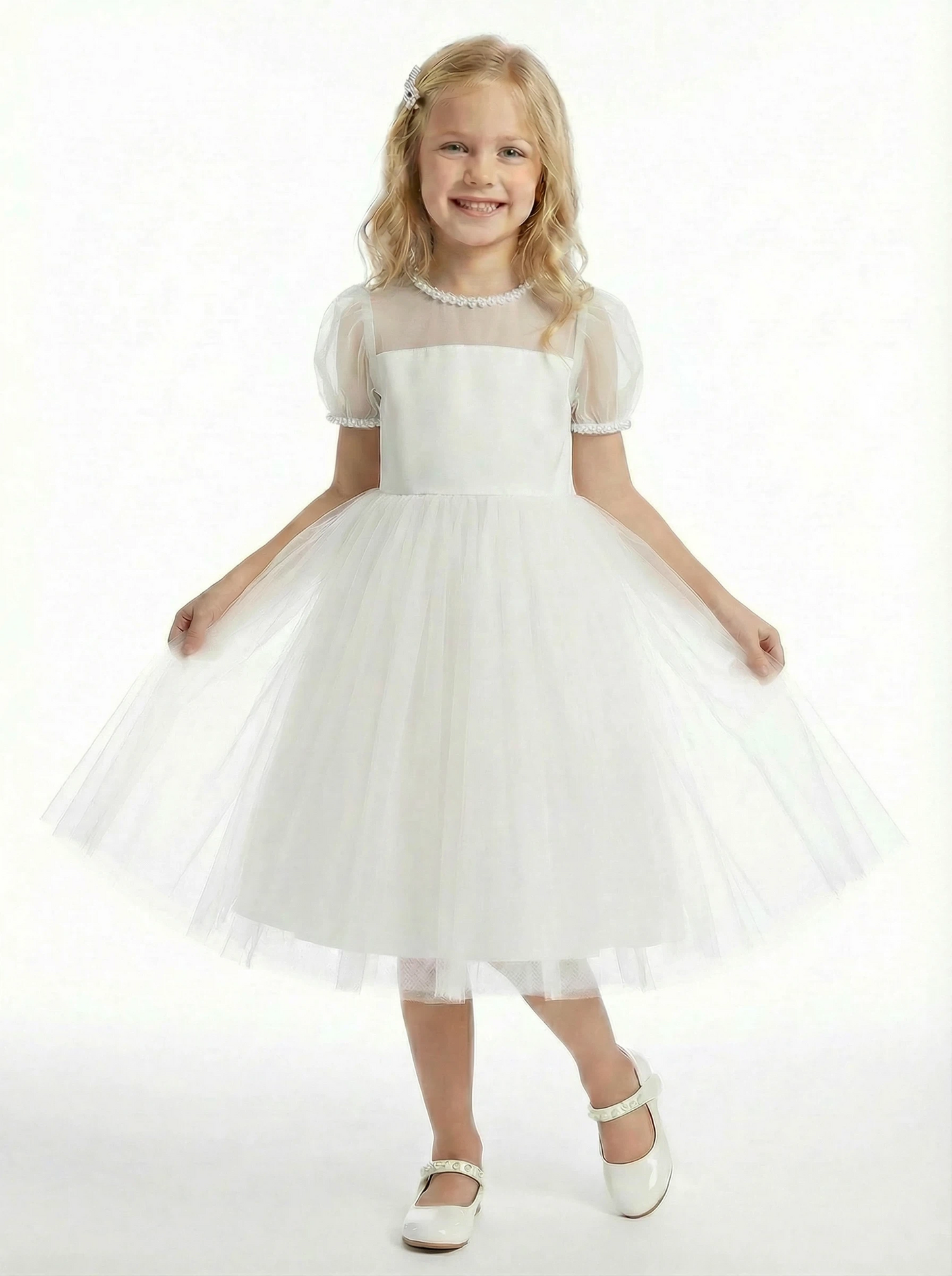 Sheer Yoke Puff Sleeve Flower Girl Dress Spaghetti-Straps A-Line Tulle Party Dress