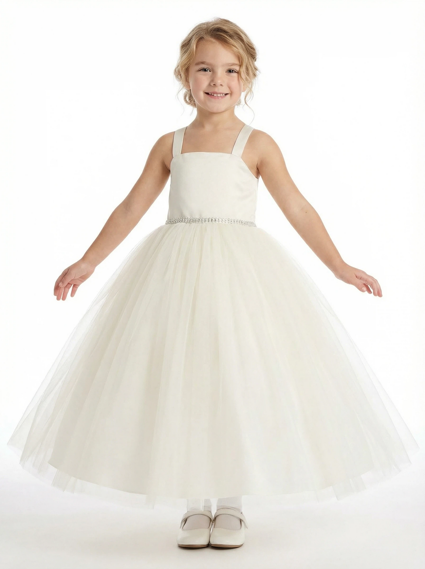 Strap Flower Girl Dress with Square Neck A Line Tulle Skirt Beaded Waist Wedding Gown