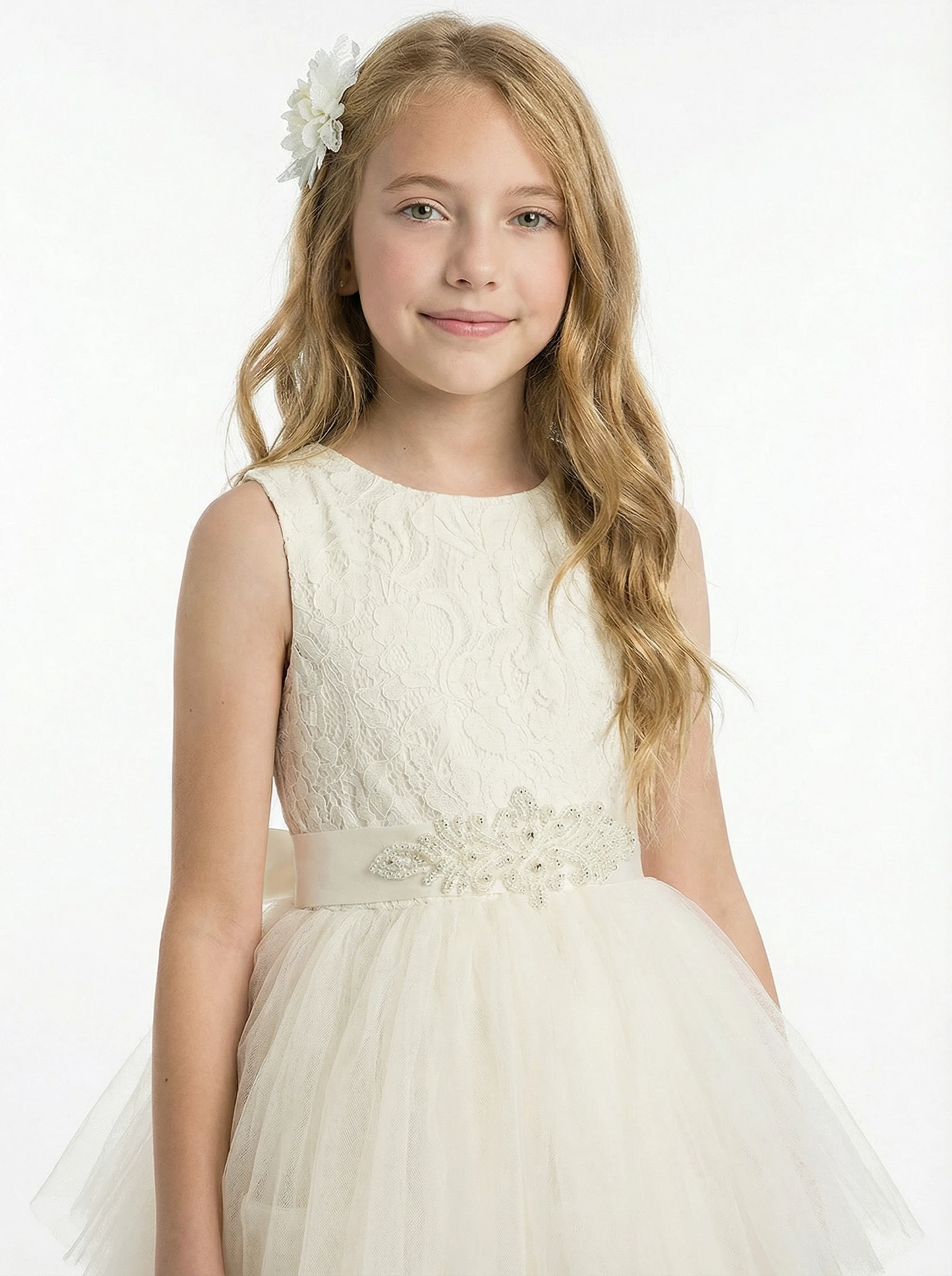 High Low Flower Girl Dress Sleeveless Lace Bodice Layered Tulle Skirt Party Wedding Gown