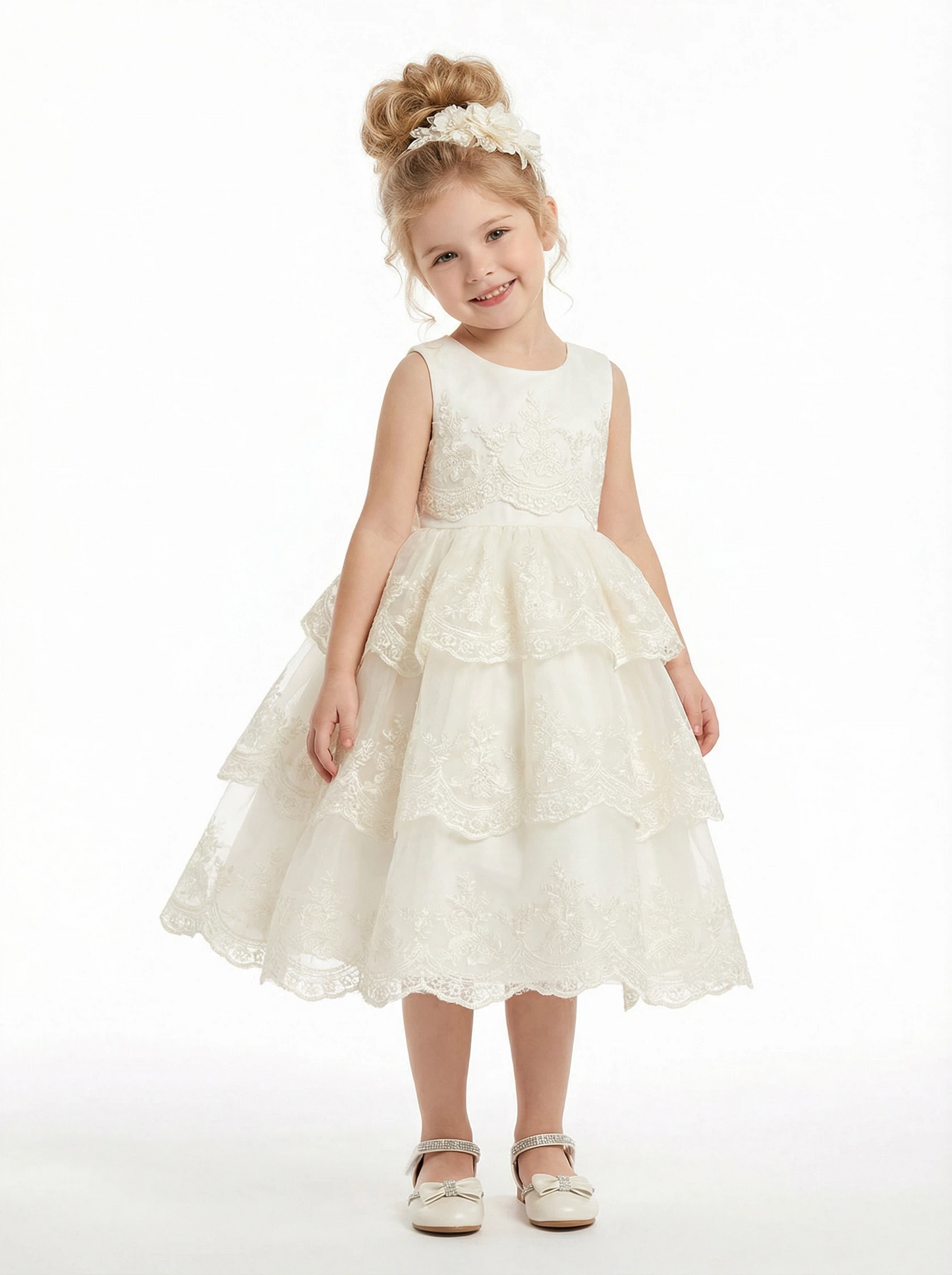 Floral Lace Tiered Flower Girl Dress Sleeveless Round Neck Length Tulle Party Gown