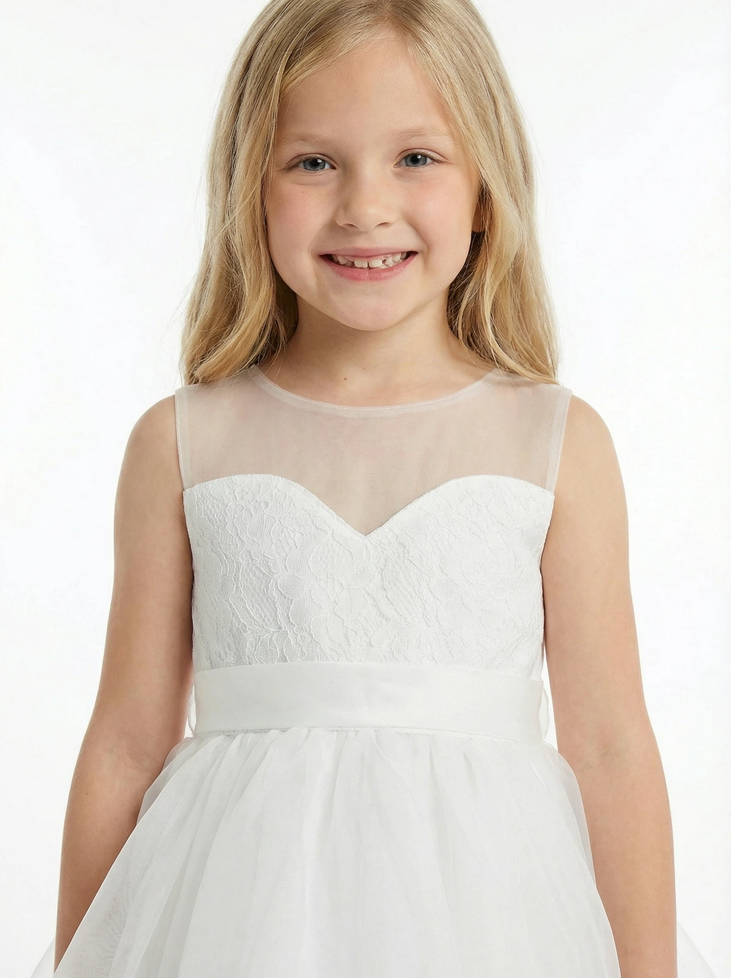 Ethereal Tulle Flower Girl Dress with Sheer Illusion Neckline Classic Floral Lace Flower Girl Dress