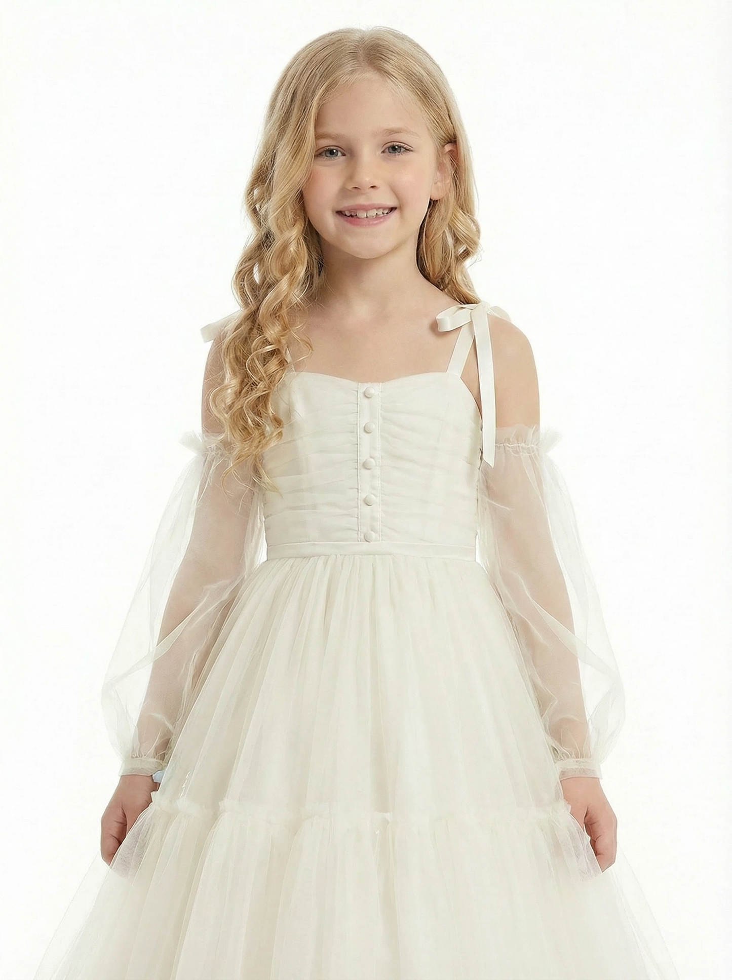 Off-Shoulder Long-Sleeve Princess Gown with Tulle Flower Girl Dress Birthday Party Dresses