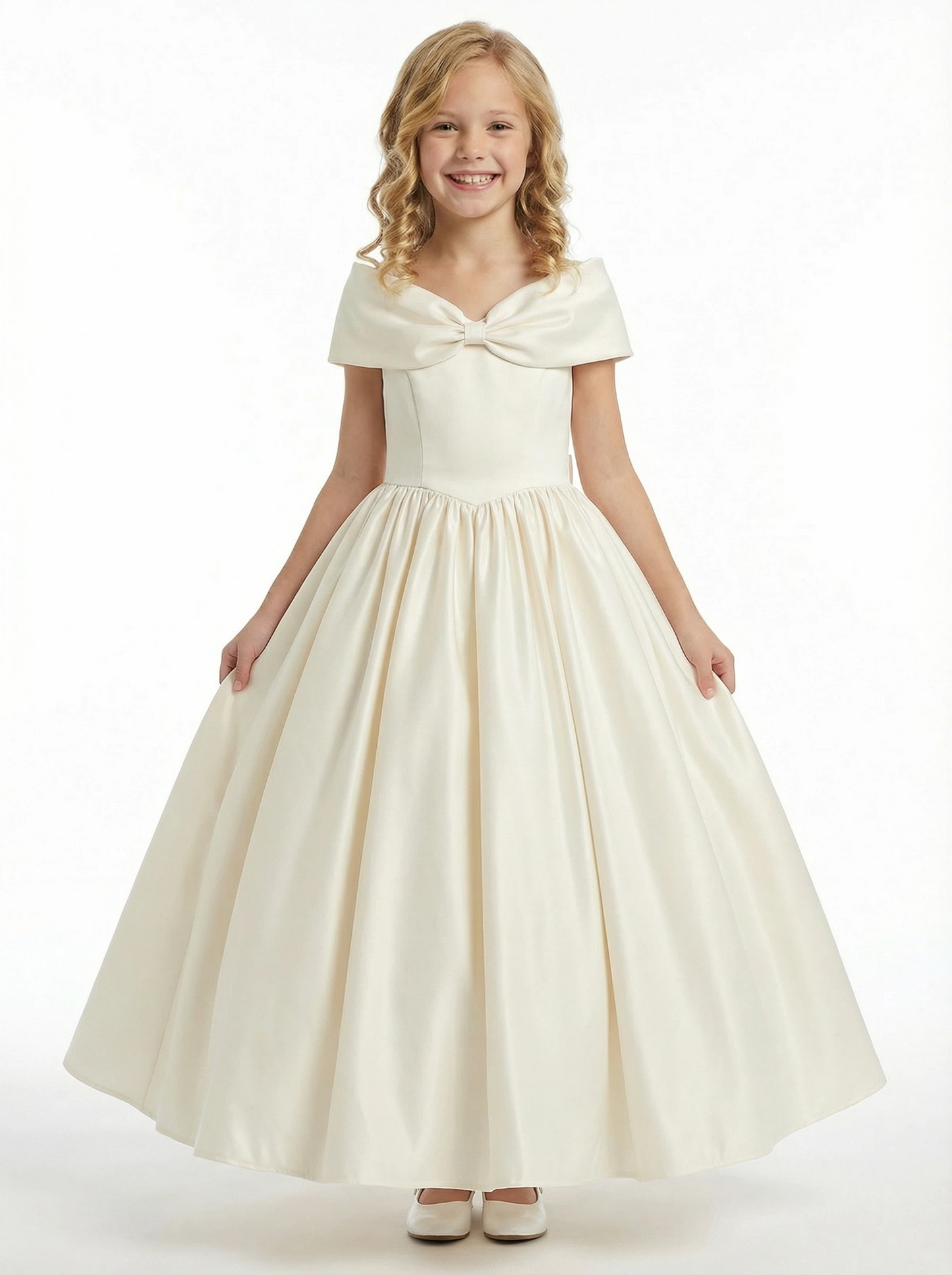 Elegant Flower Girl Dress Off-the-Shoulder Short Sleeve A-Line Floor-Length Satin Gown with Bow Accent