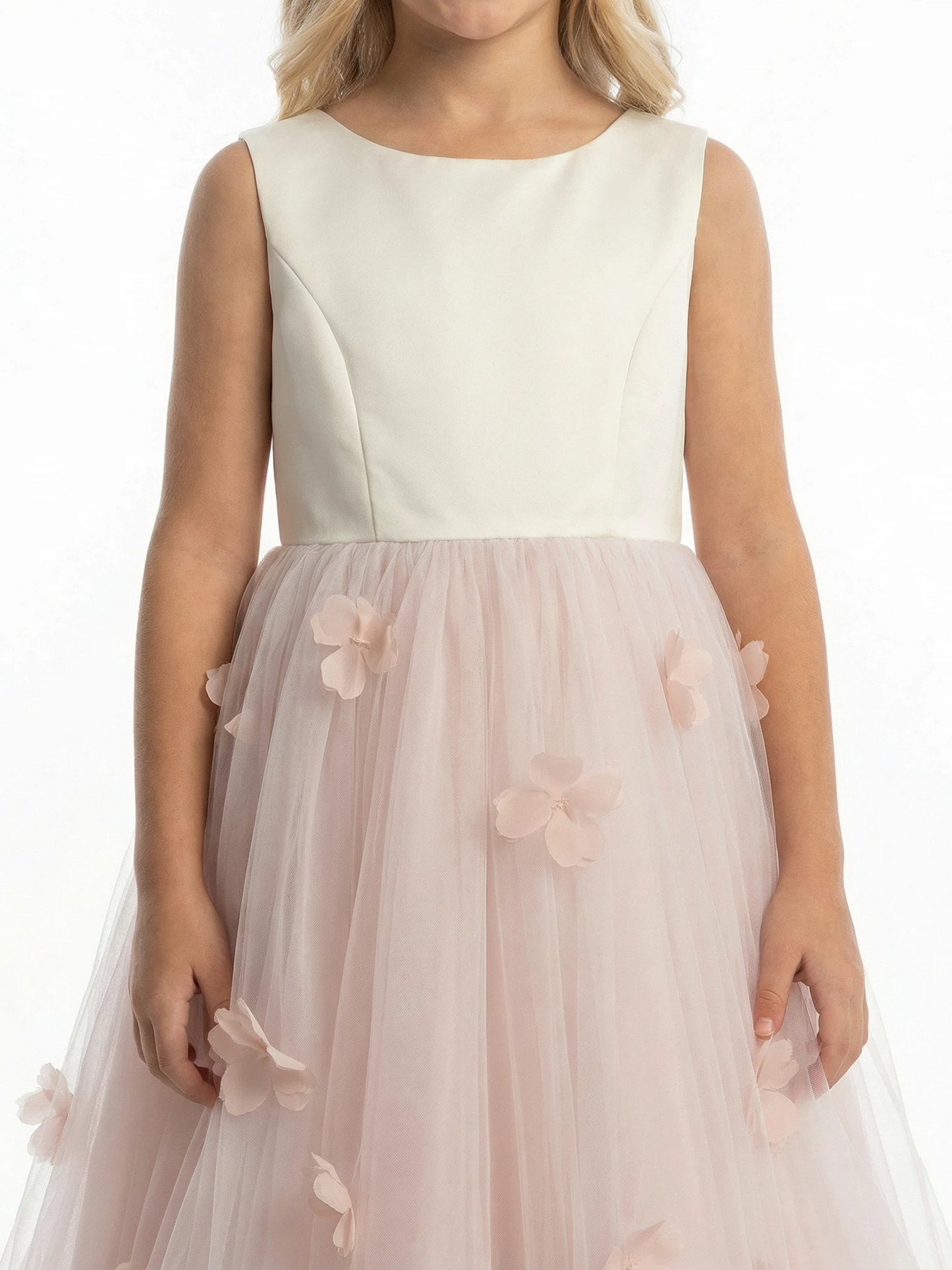 Sleeveless Flower Girl Dress A-Line Floor-Length Tulle Gown with 3D Floral Applique & Ruched Waist for Weddings & Formal Events