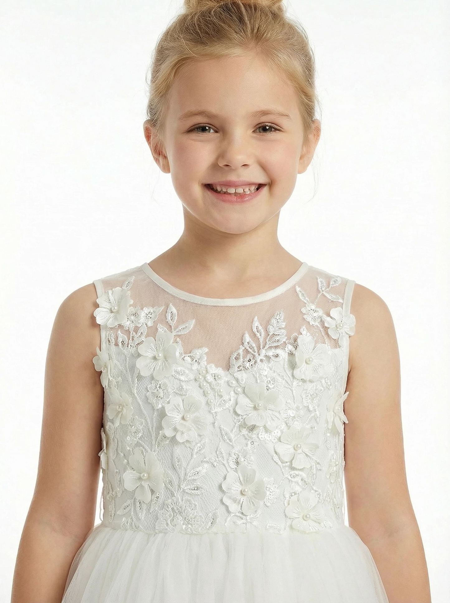 Floral Lace Flower Girl Dress Sleeveless Tulle Skirt Round Neck Wedding Toddler Bridesmaid