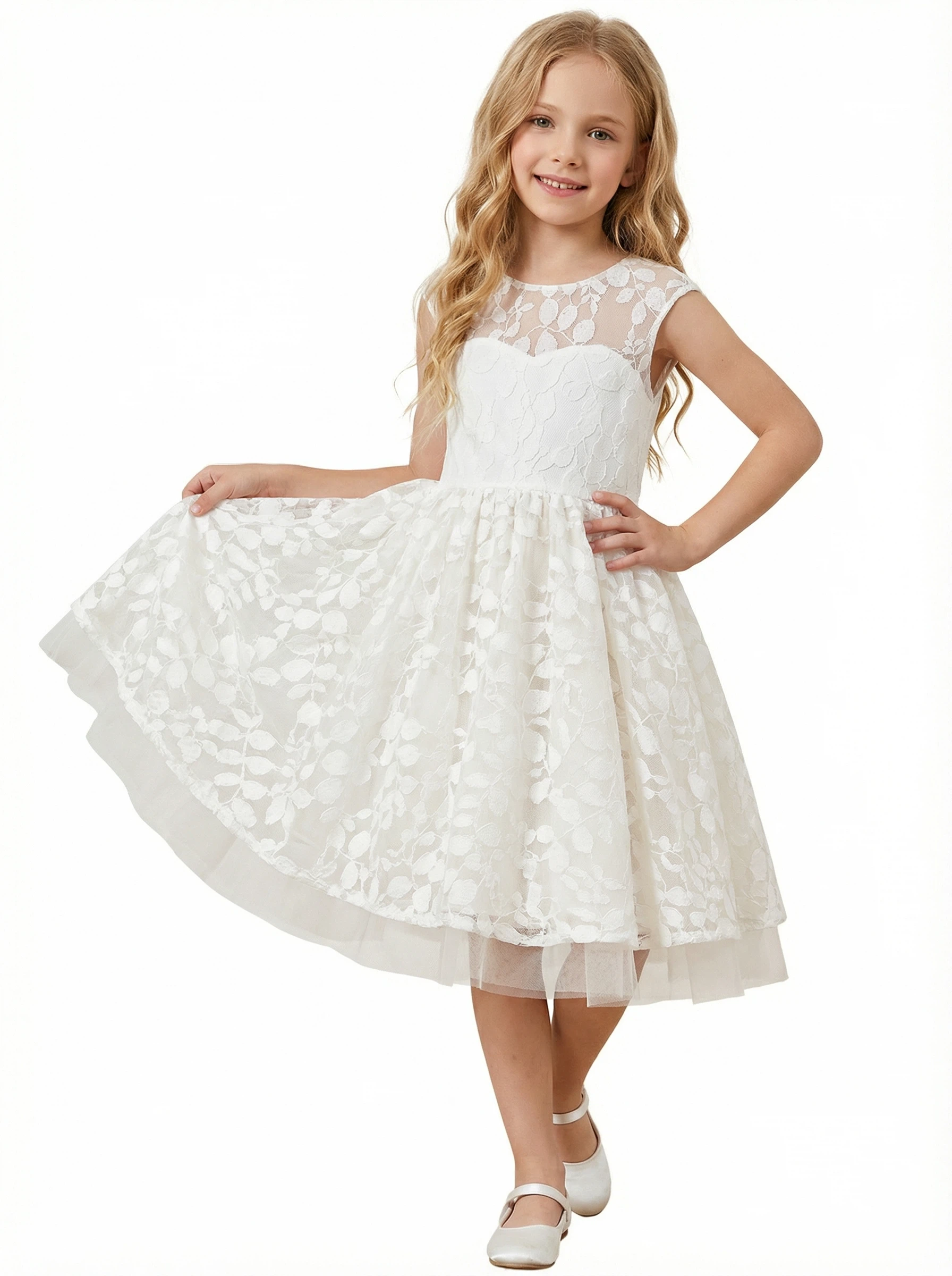 Lace Satin First Communion Dress Girls Party Dresses Scoop Neck Sleeve –  kiarelys