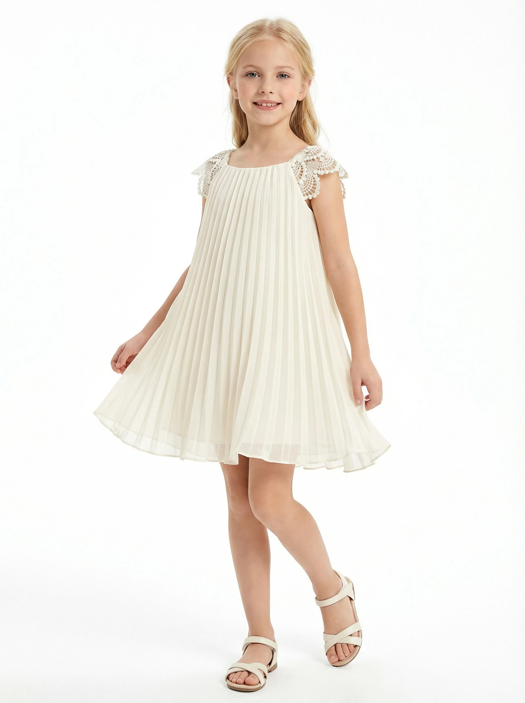 Flower Birthday Dress Gilsr Party Dress Chiffon Boho Communion Wedding Guest Gowns Cap Sleeve, Off-White / 6