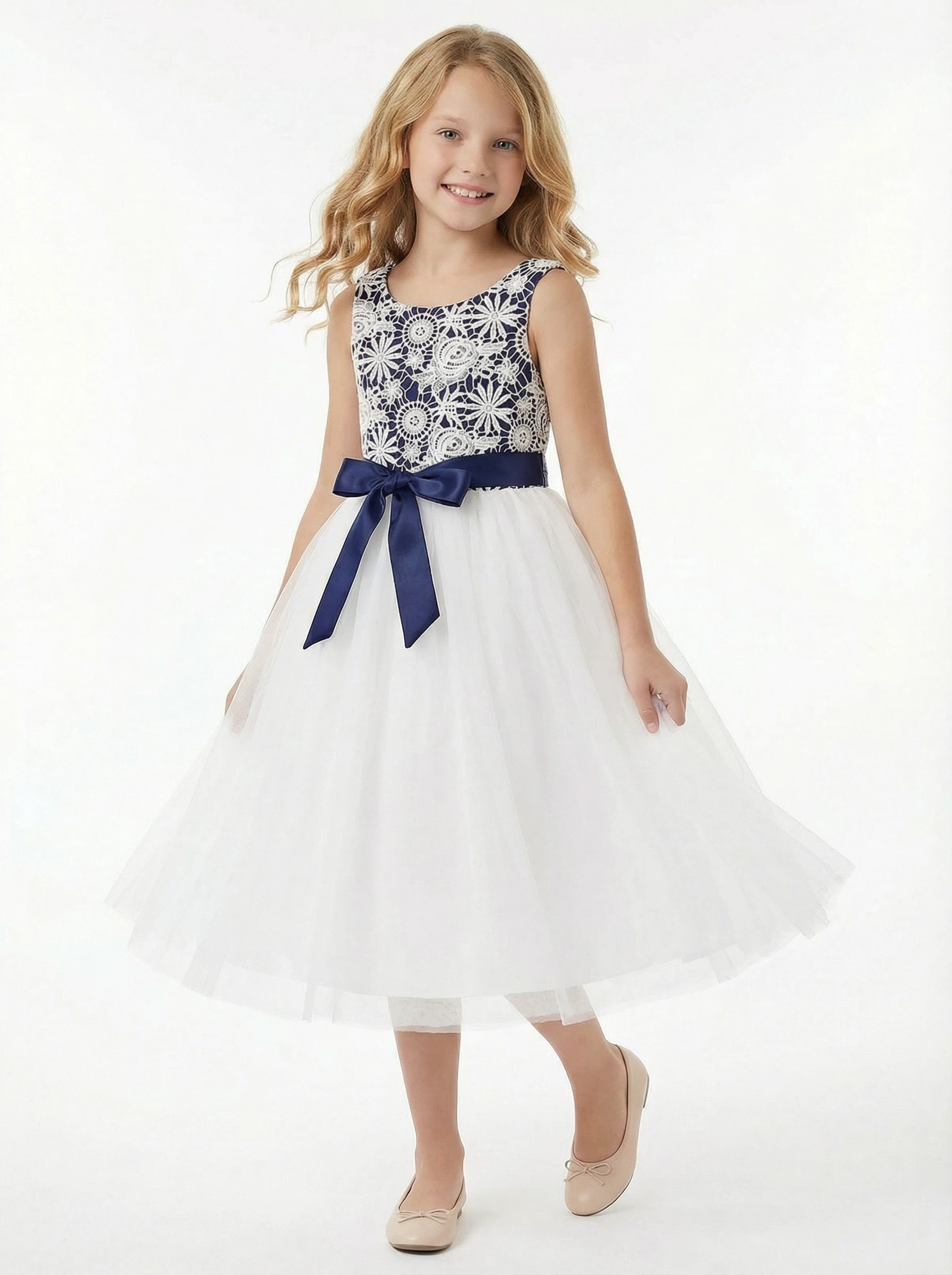 tea party dresses for girls Girls Dresses for Wedding Lace Party Dress Tea Length Bow Sash Boho Communion Dresses, Champagne / 3