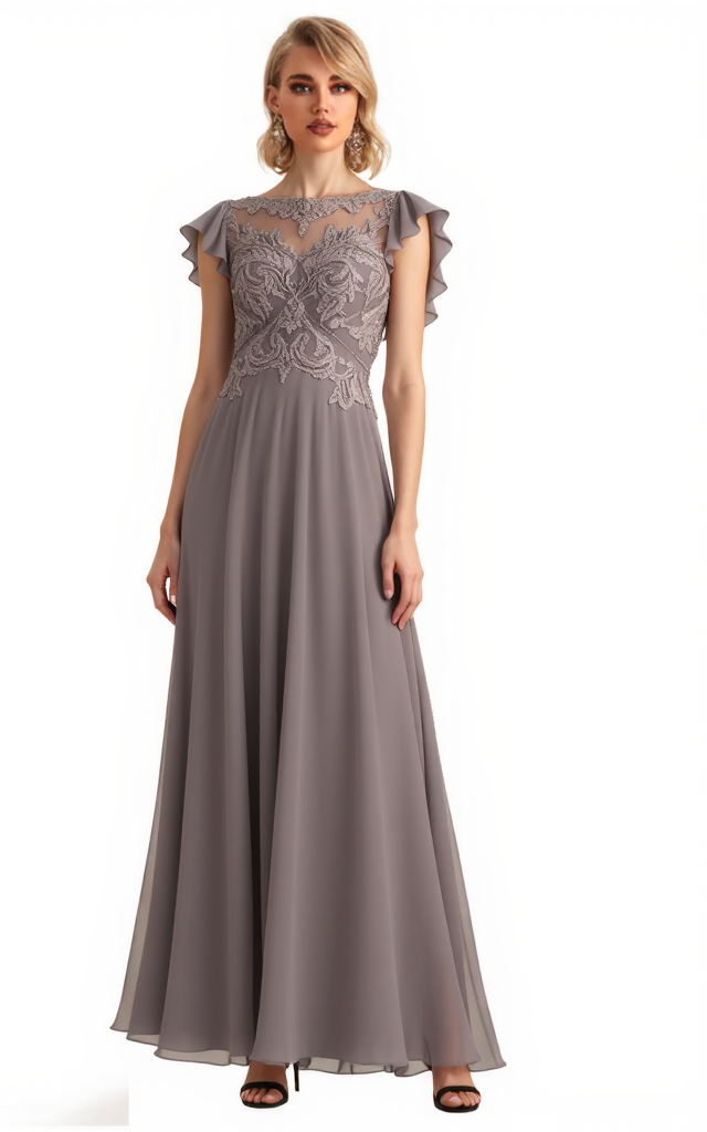 A-line Elegant Mother of The Bride Dress Evening Illusion Lace Long Chiffon