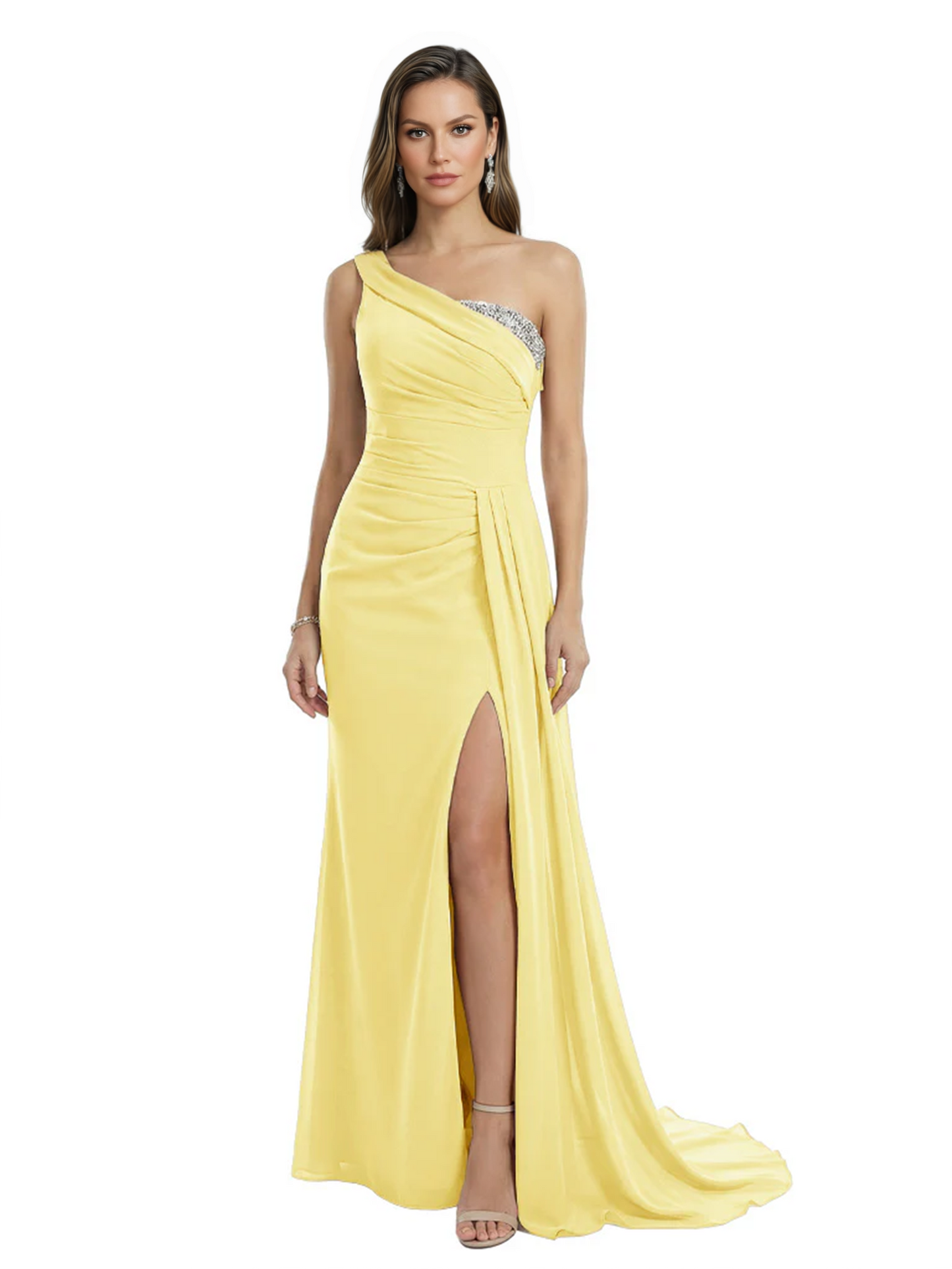 One Shoulder Mother of Bride Dress Ruffle Formal Gowns Mermaid Floor Length Train Slit