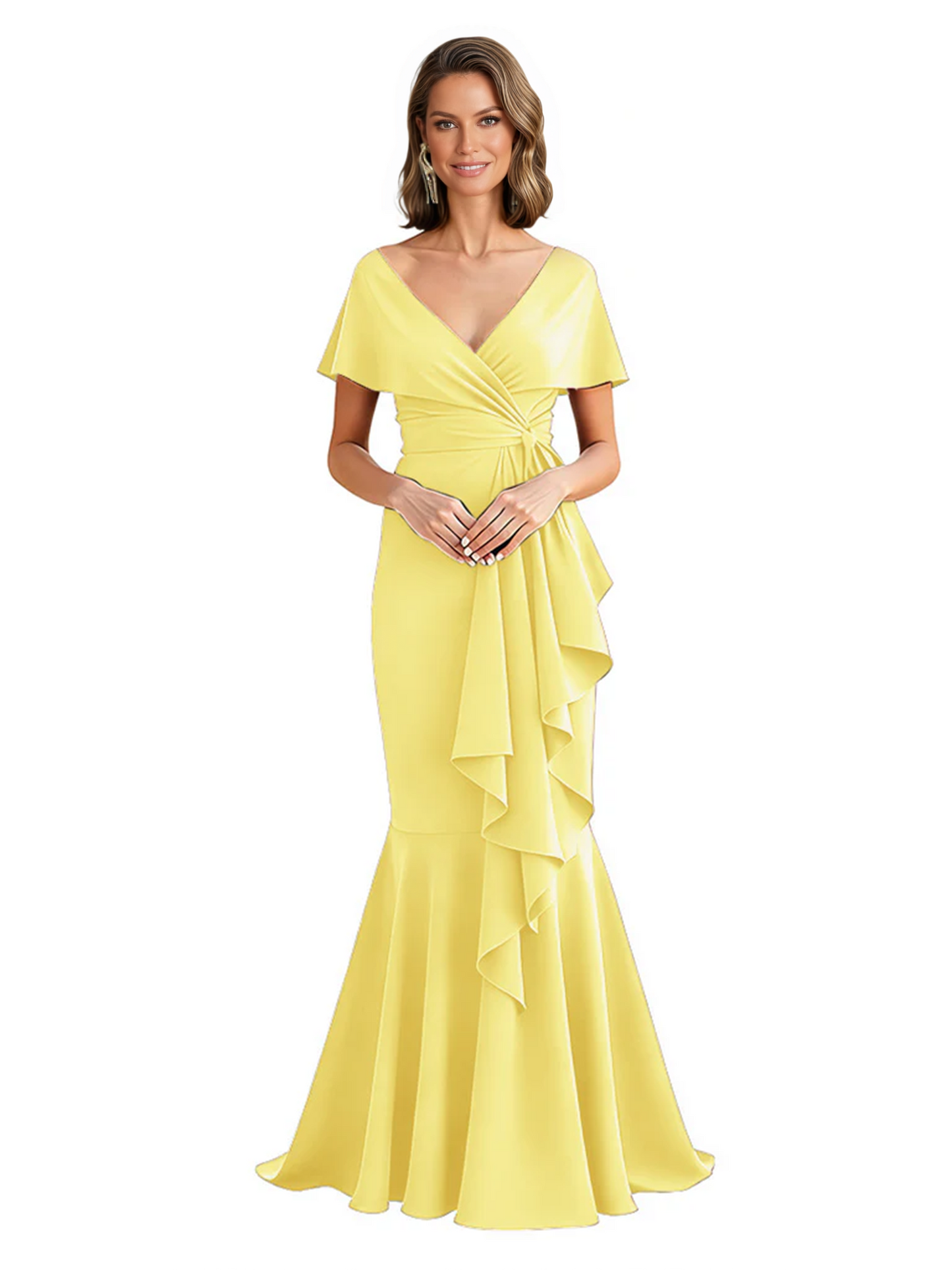 Satin Mother of the Bride Dress with Cascading Ruffles and Mermaid Tail V-Neck