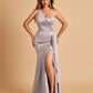 Satin One Shoulder Mermaid Bridesmaid Dresses Side Slit Floor Length