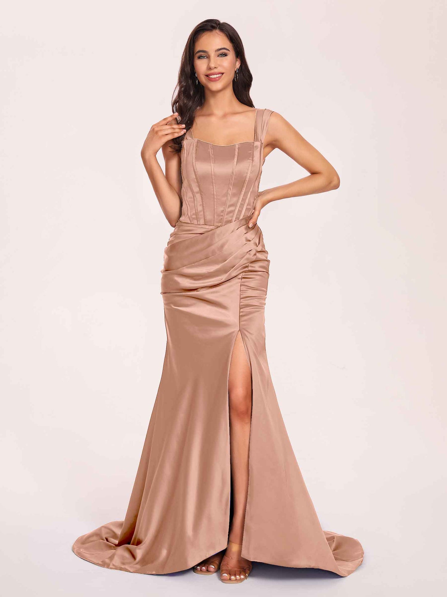 Sexy Satin Square Mermaid Bridesmaid Dresses Pleats Side-Slit Floor-Length Sleeveless