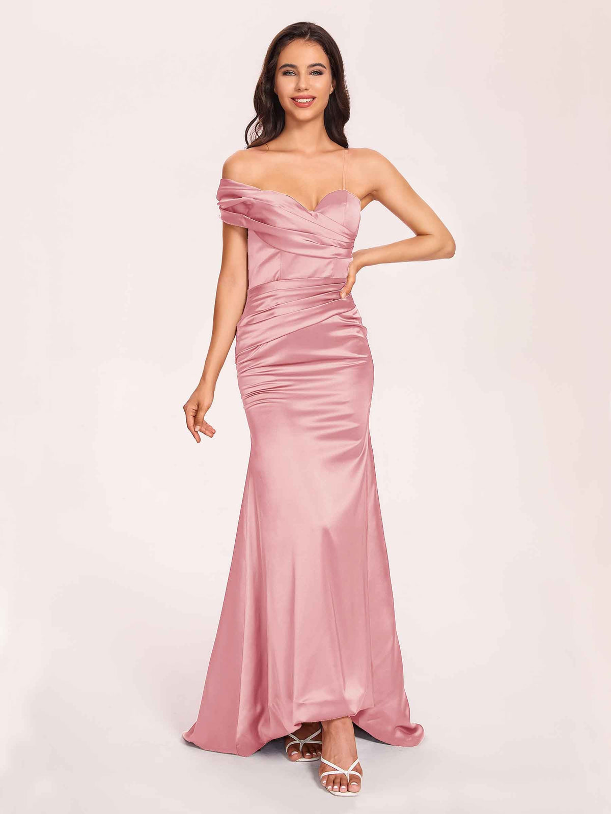 Satin One-shoulder Prom Dresses Pleats Floor Length Mermaid Long