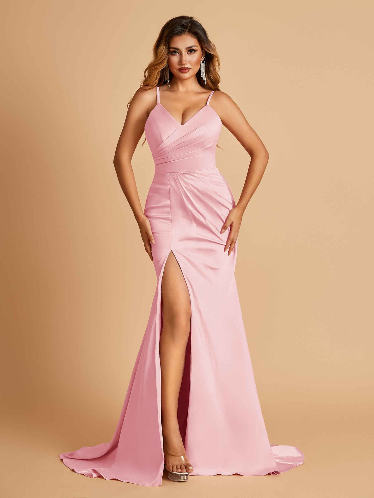 Sexy Mermaid Bridesmaid Dresses Spaghetti Straps Satin Side Slit Pleats Floor Length