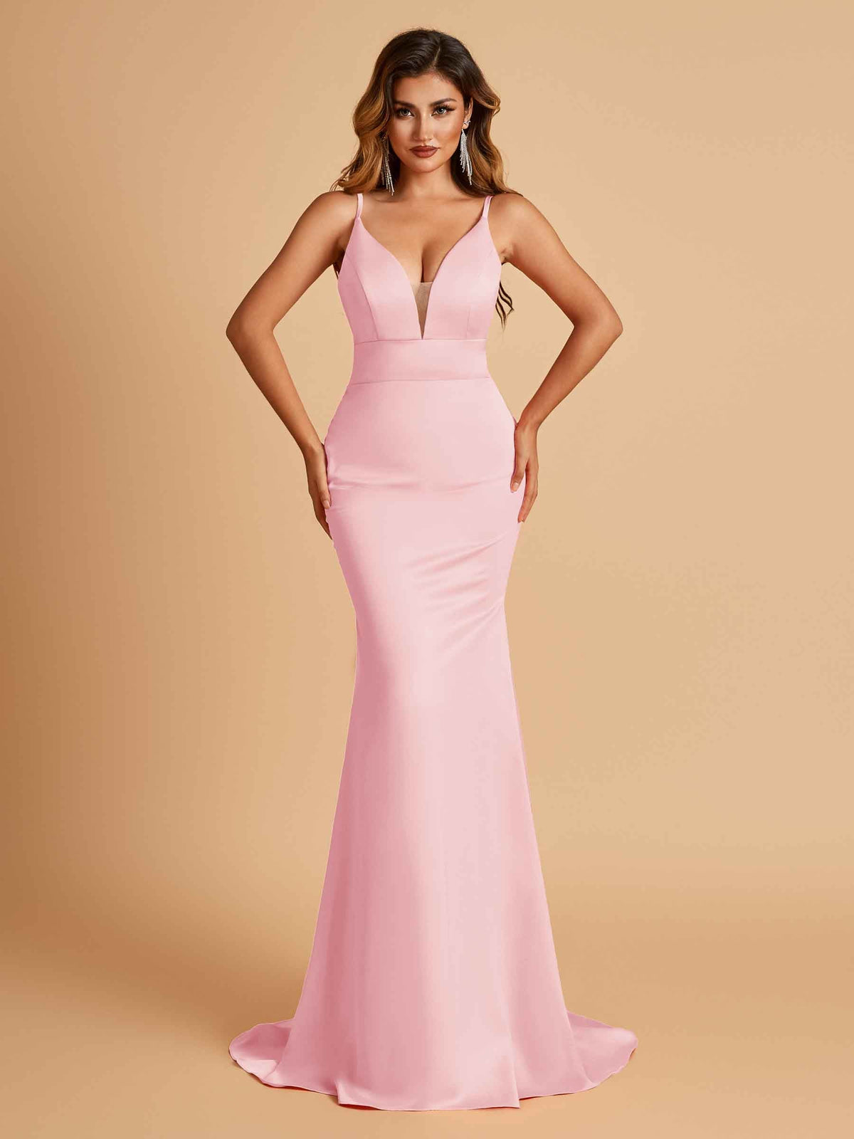 Satin Deep V-neck Mermaid Prom Dresses Open Back Floor Length