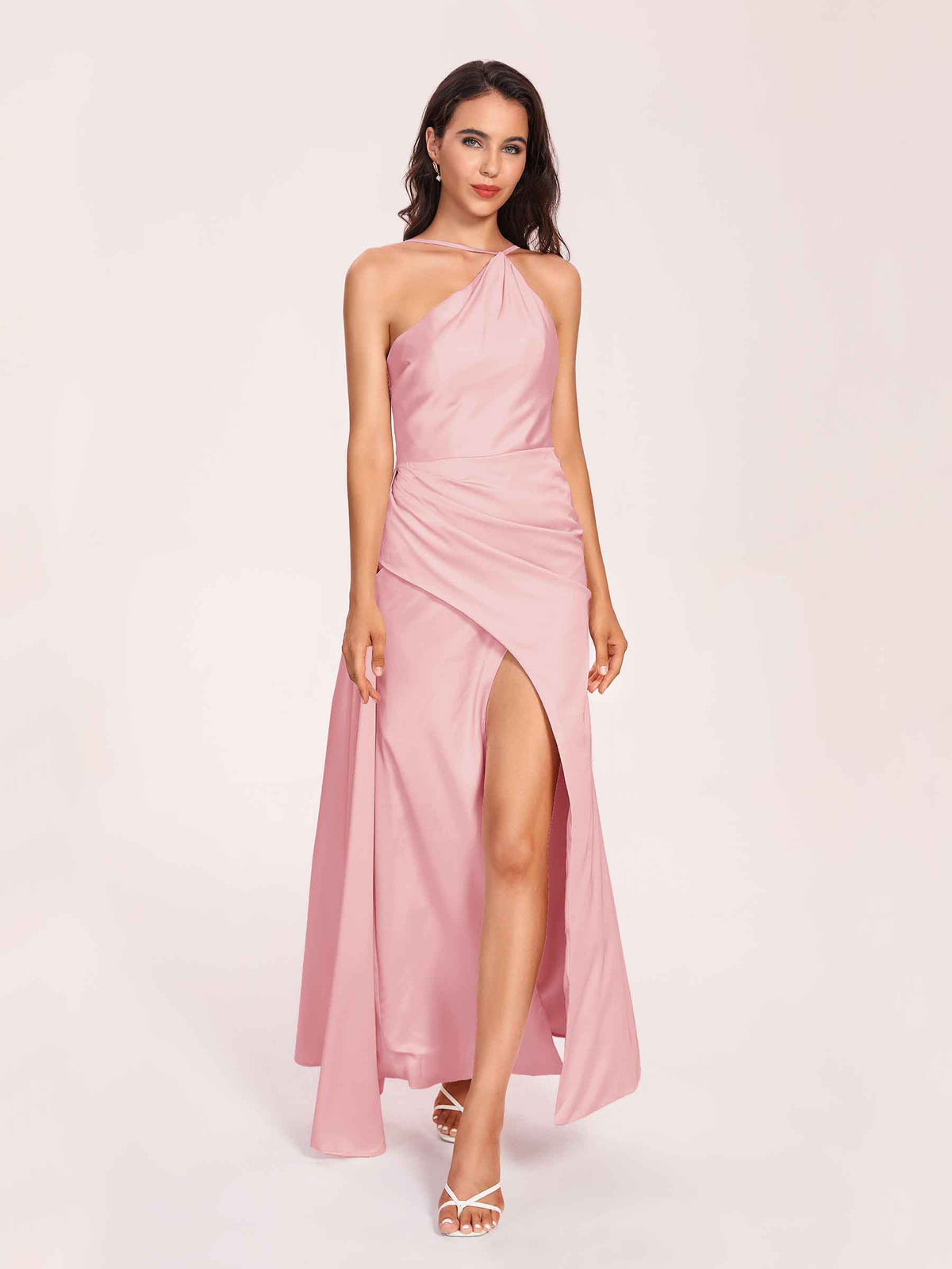 Sexy Satin Halter Strap Sheath Bridesmaid Dresses Side Slit Pleats Floor Length
