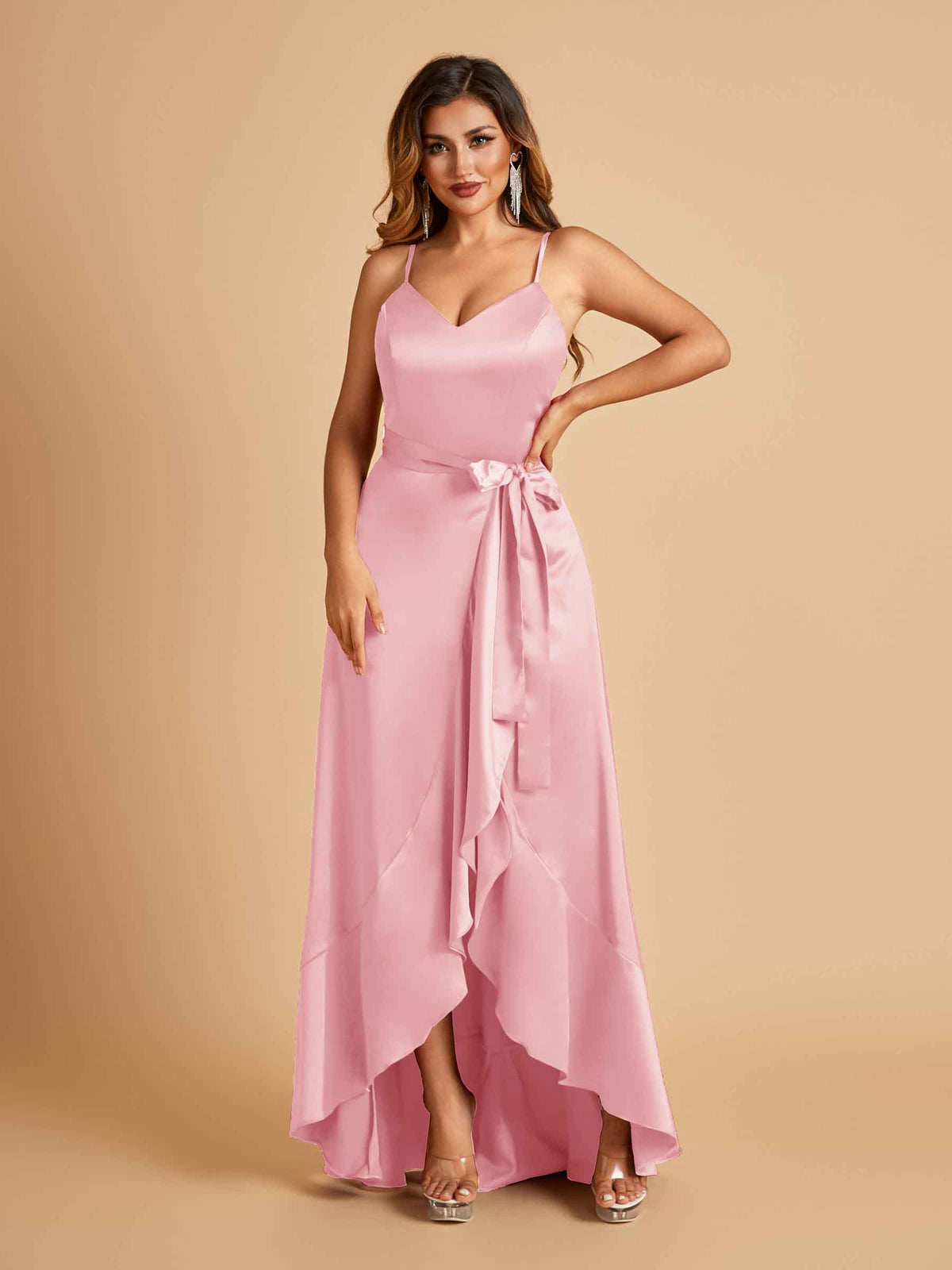 Satin Asymmetric V-neck Bridesmaid Dresses Sleeveless Side Slit A-line Unique