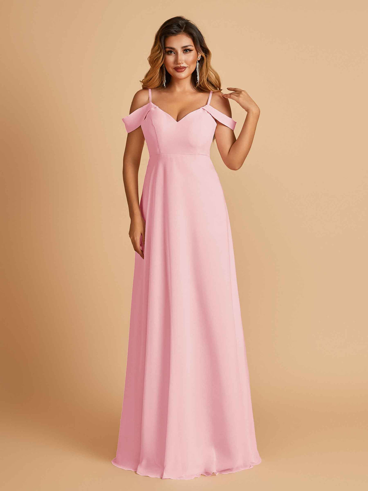 Chiffon Off-shoulder Long Bridesmaid Dresses V-neck Floor Length A-line