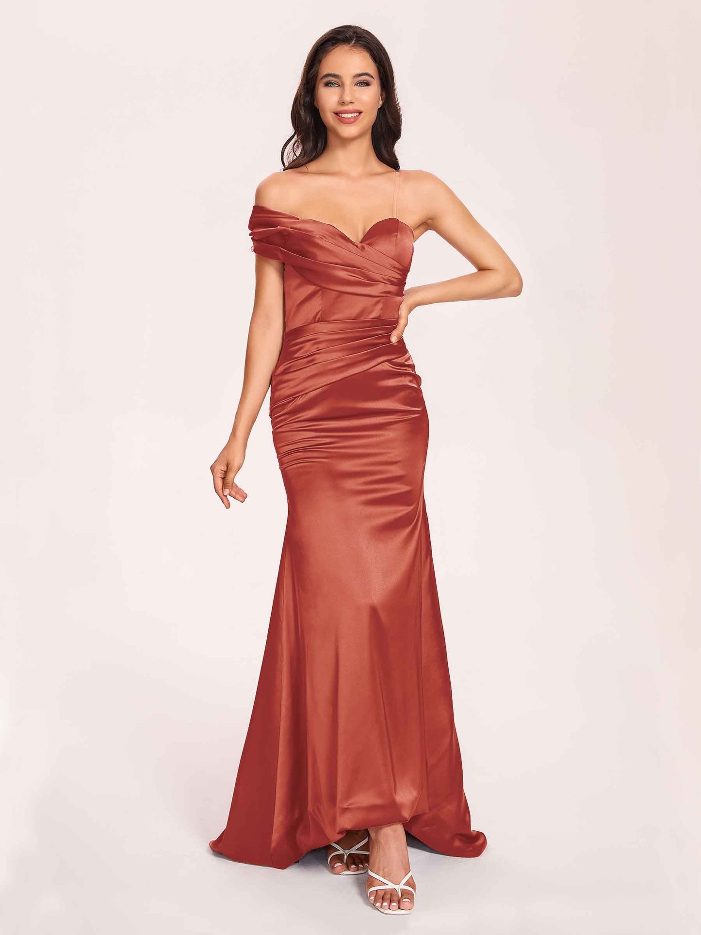 Satin One-shoulder Prom Dresses Pleats Floor Length Mermaid Long