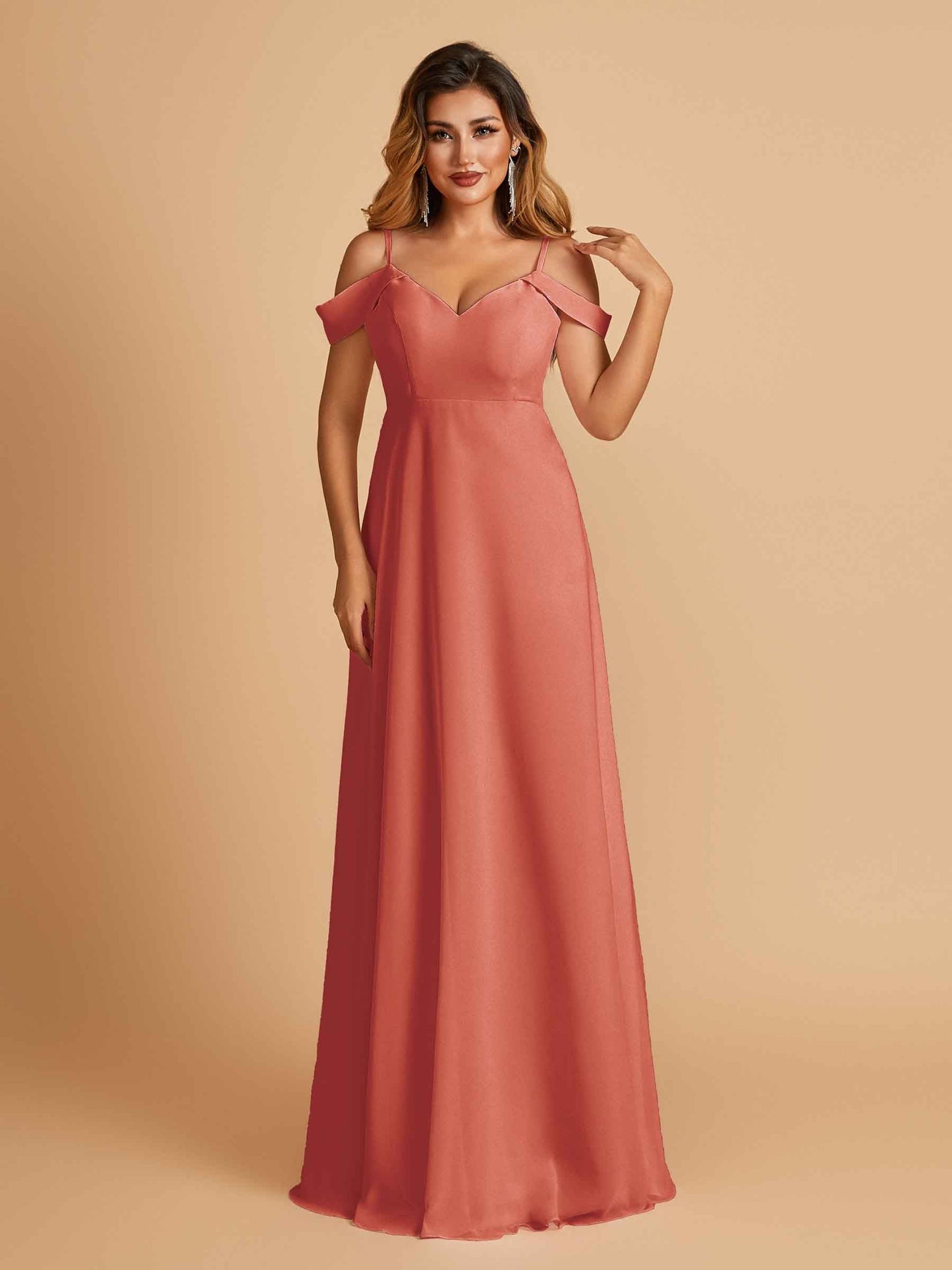 Chiffon Off-shoulder Long Bridesmaid Dresses V-neck Floor Length A-line For Sale