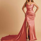 Sexy Satin Sheath Bridesmaid Dresses Strapless Sweetheart Side Slit With Train