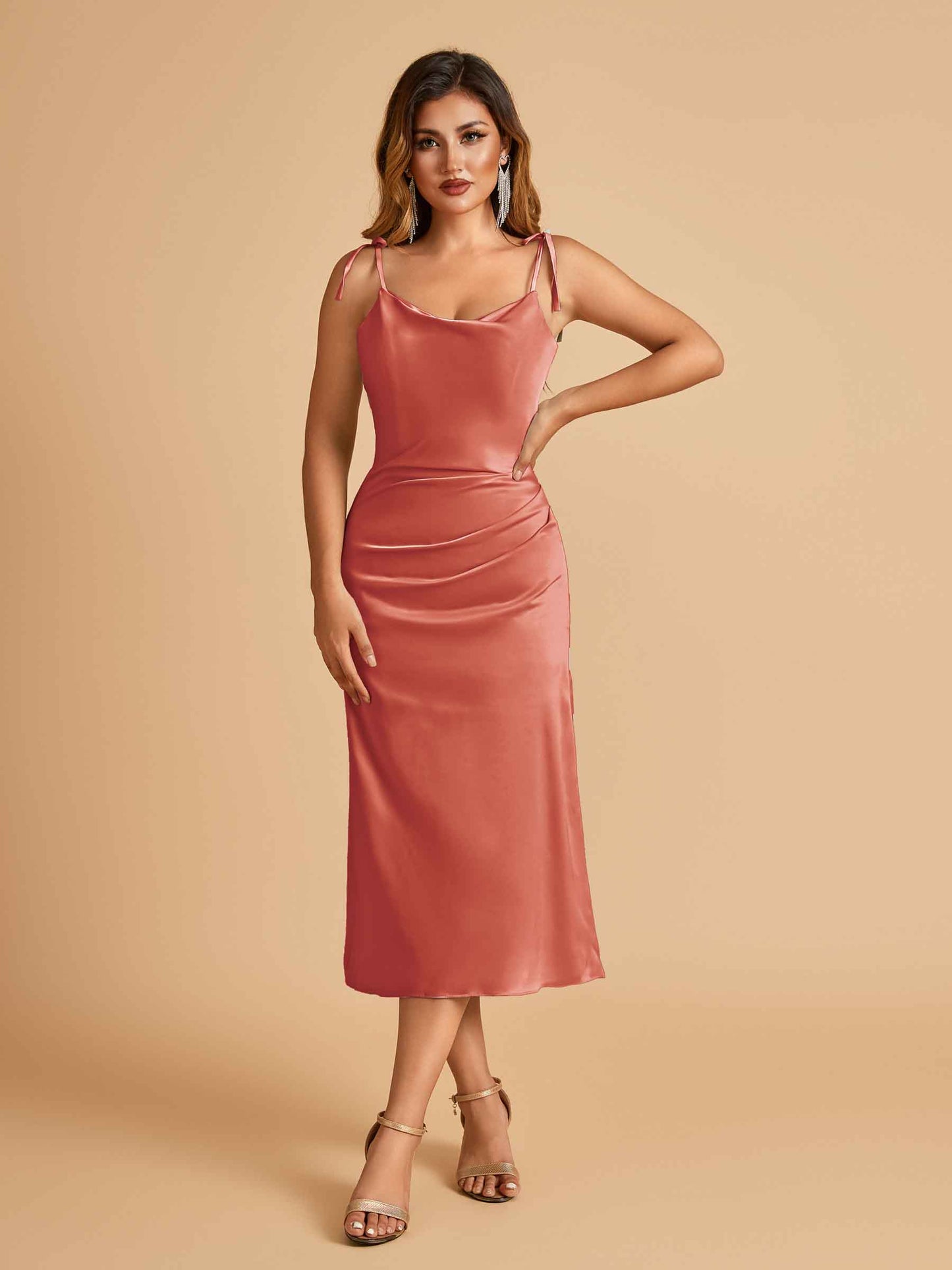Sexy Satin Midi Bridesmaid Dresses Spaghetti Straps Slip Scoop Side Slit