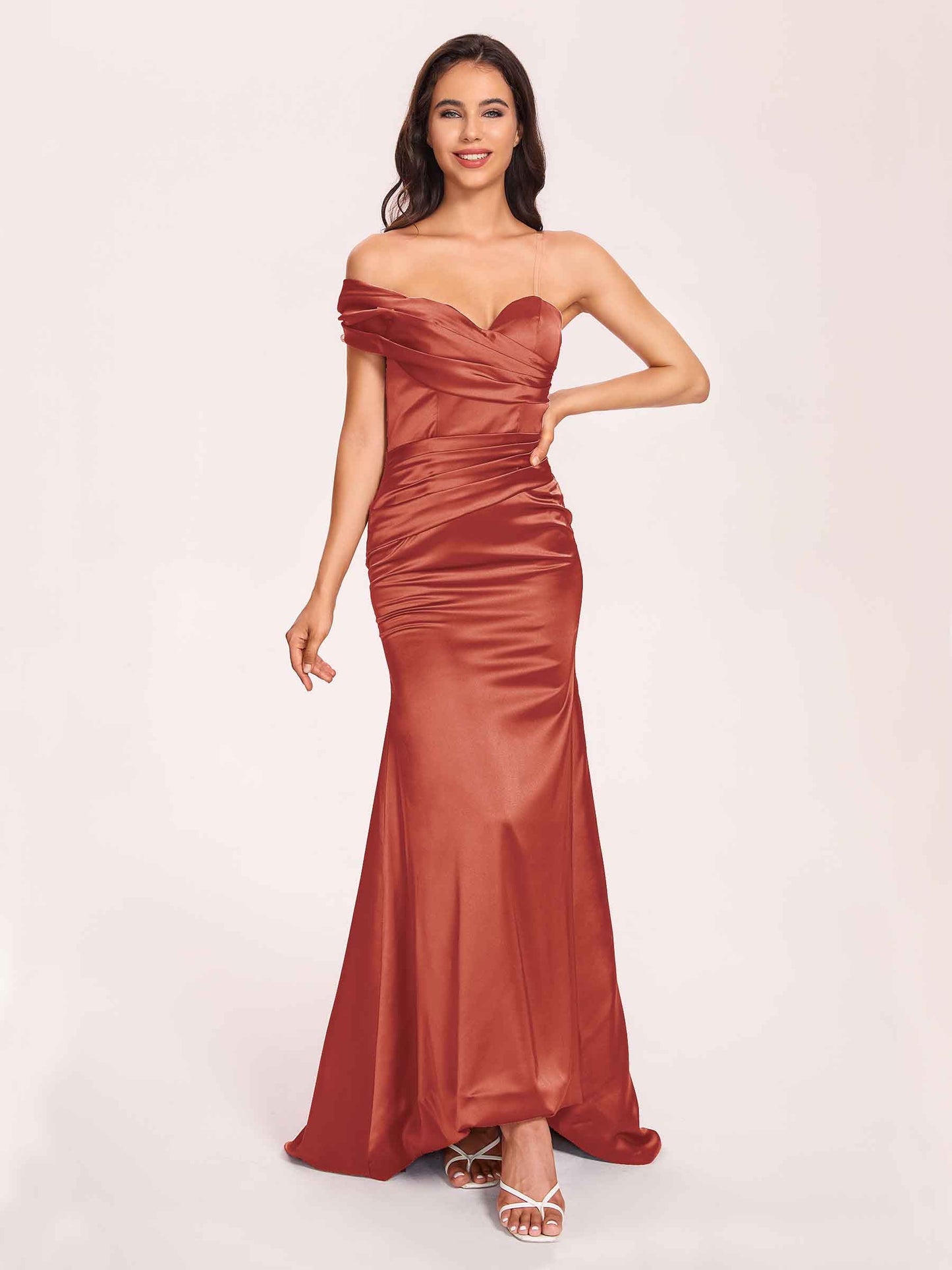 Satin One-shoulder Bridesmaid Dresses Pleats Floor Length Mermaid Long
