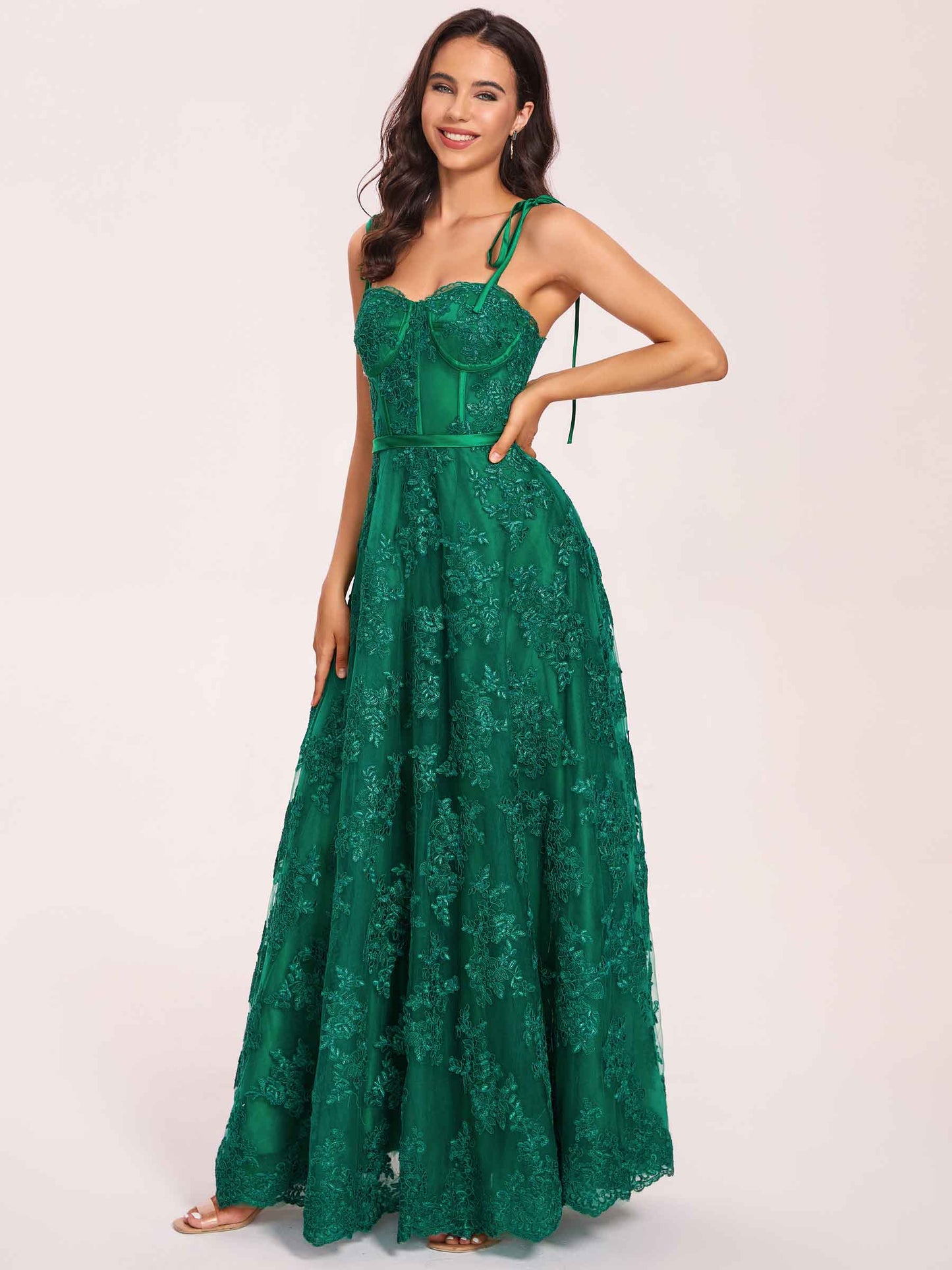 Green Prom Dress Spaghetti Straps Sleeveless Lace A-line Long Evening Dress