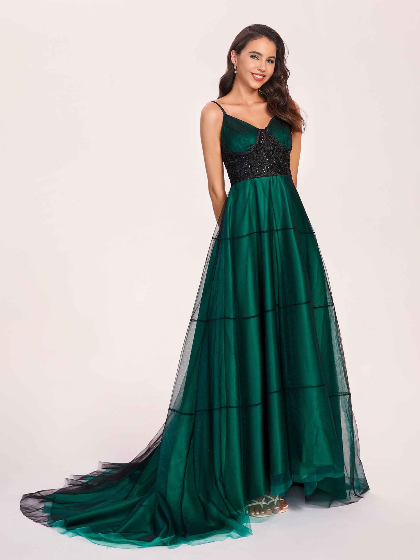 Charming A-line Prom Dress Spaghetti Straps V-neck Evening Dress