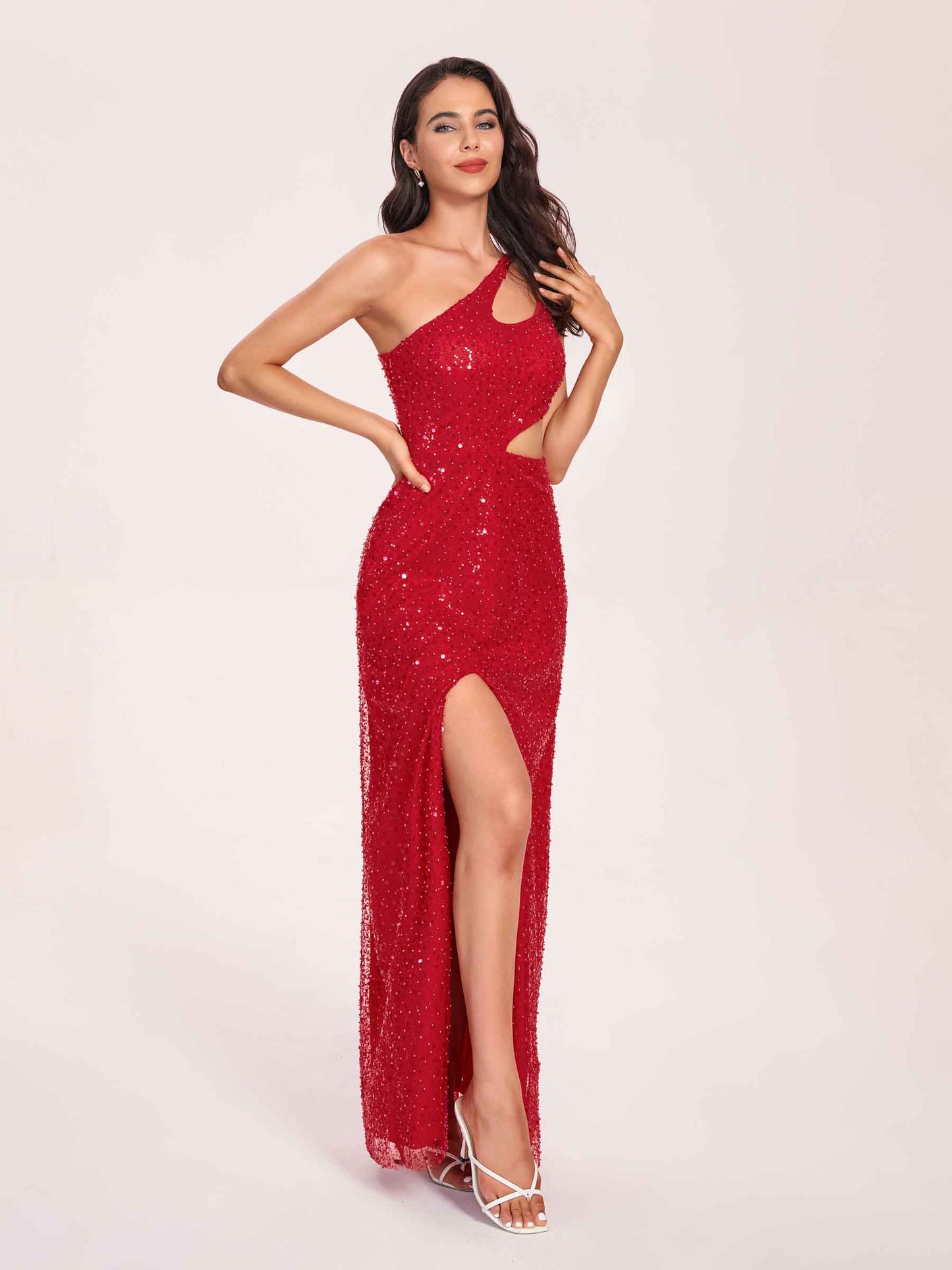 Sexy Beading Sheath Long Prom Dress One Shoulder Side-slit Evening Dress