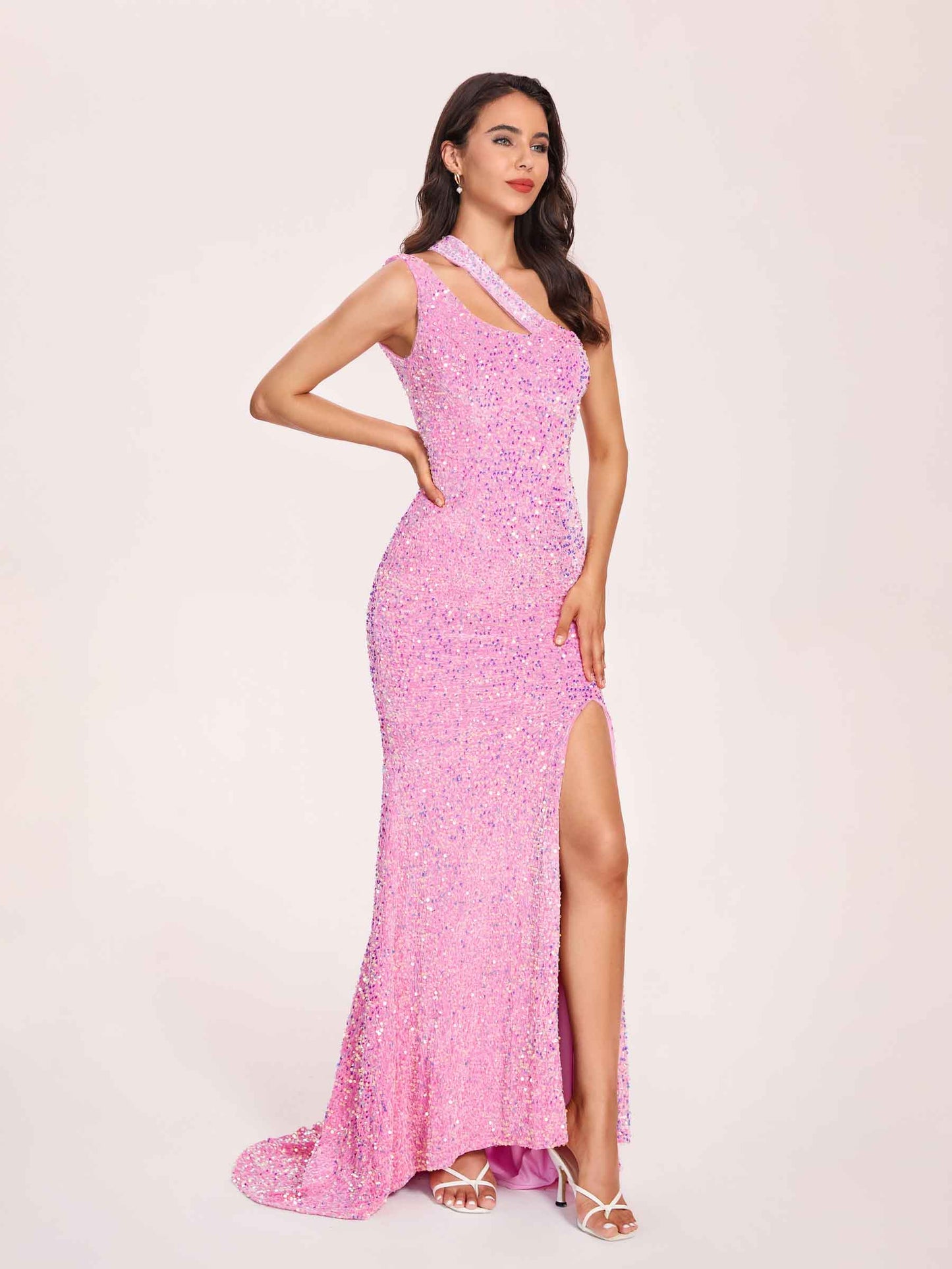Candy Pink Sequin Prom Dress One-Shoulder Side-Slit Floor-Length Evening Dress