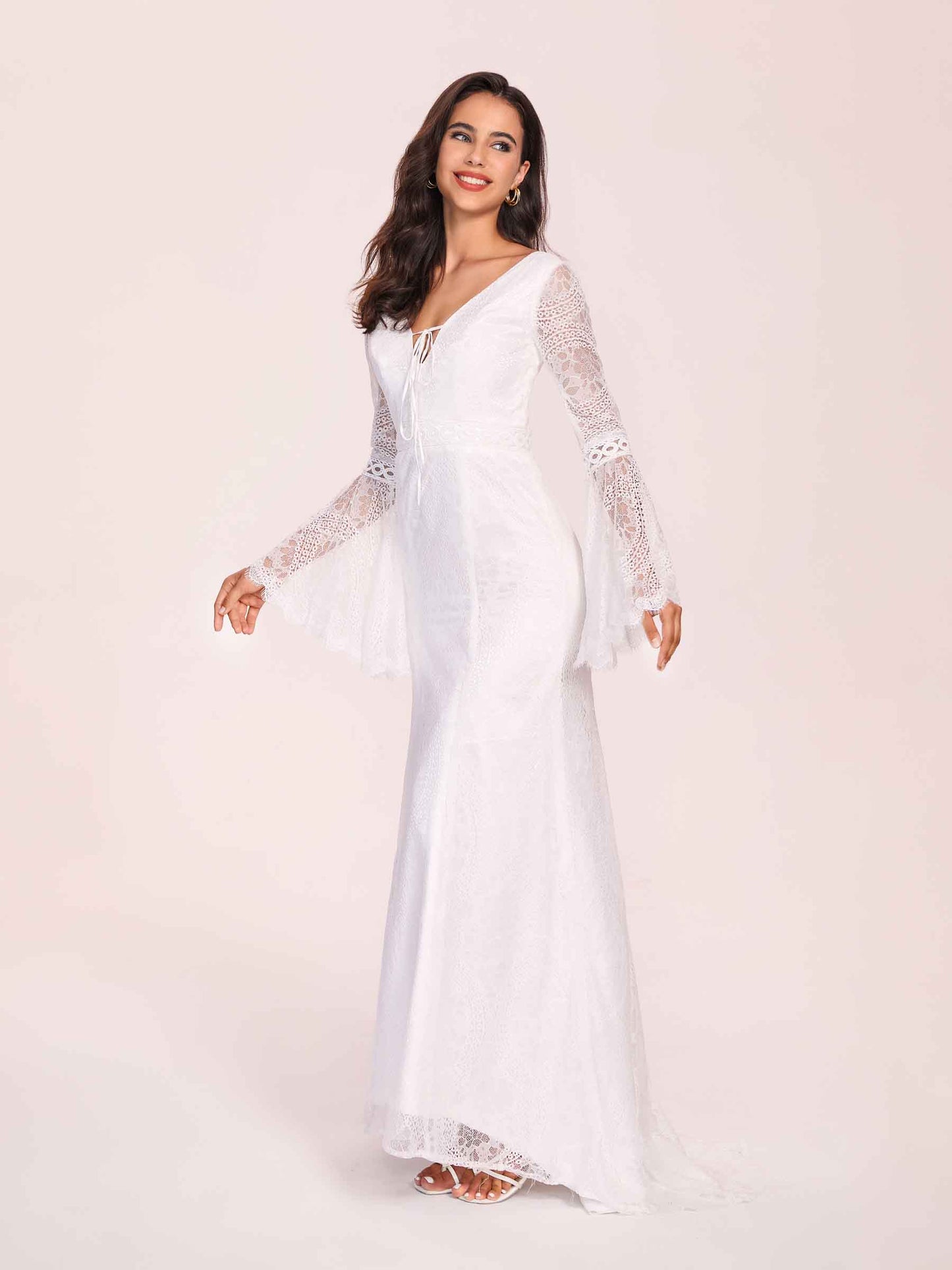 Long Sleeves Boho V-neck Lace-up Back Mermaid Lace Floor Length Wedding Dress