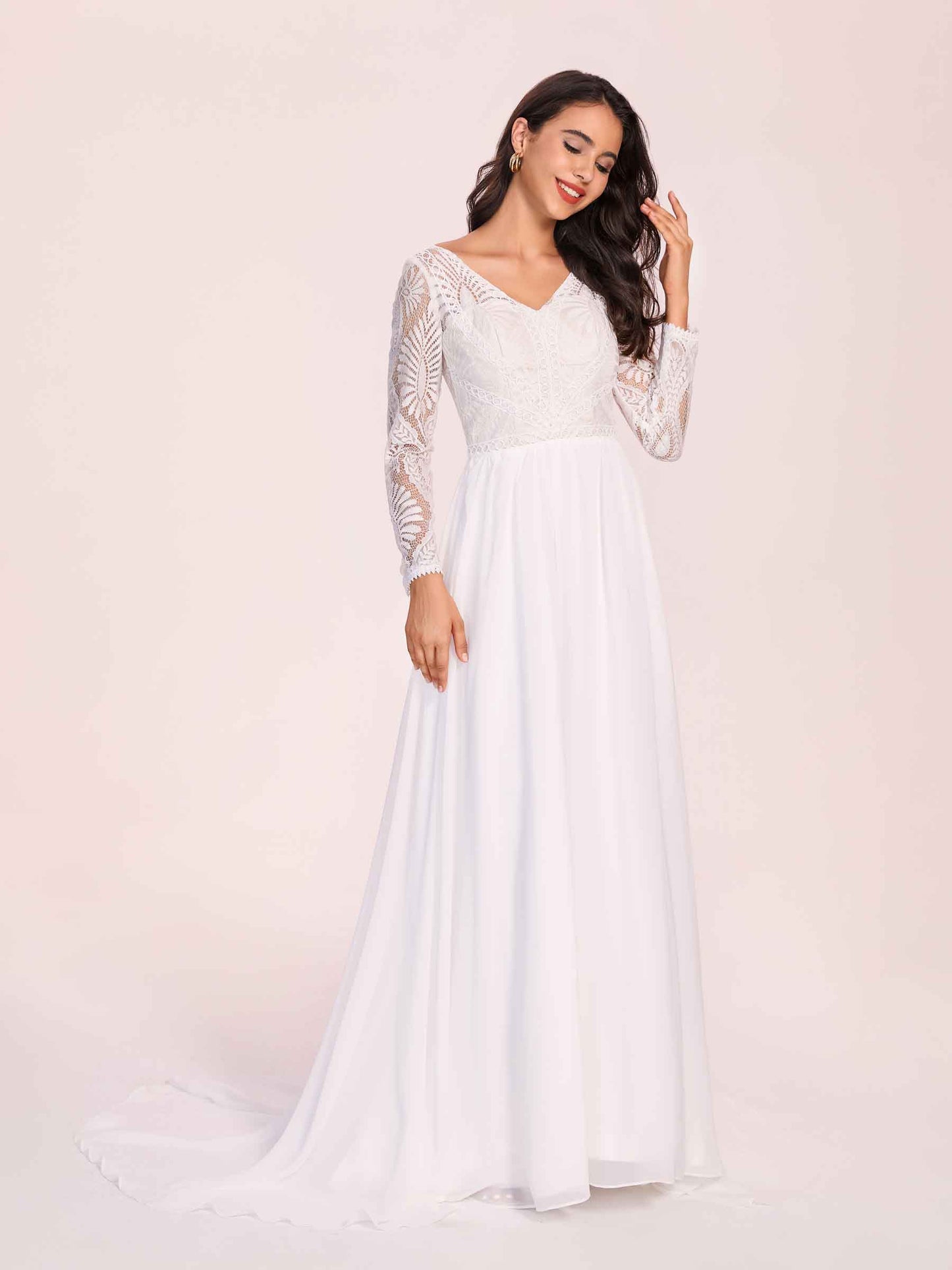 Boho Long Sleeves V-neck Open Back Lace Top A-line Floor Length Wedding Dress